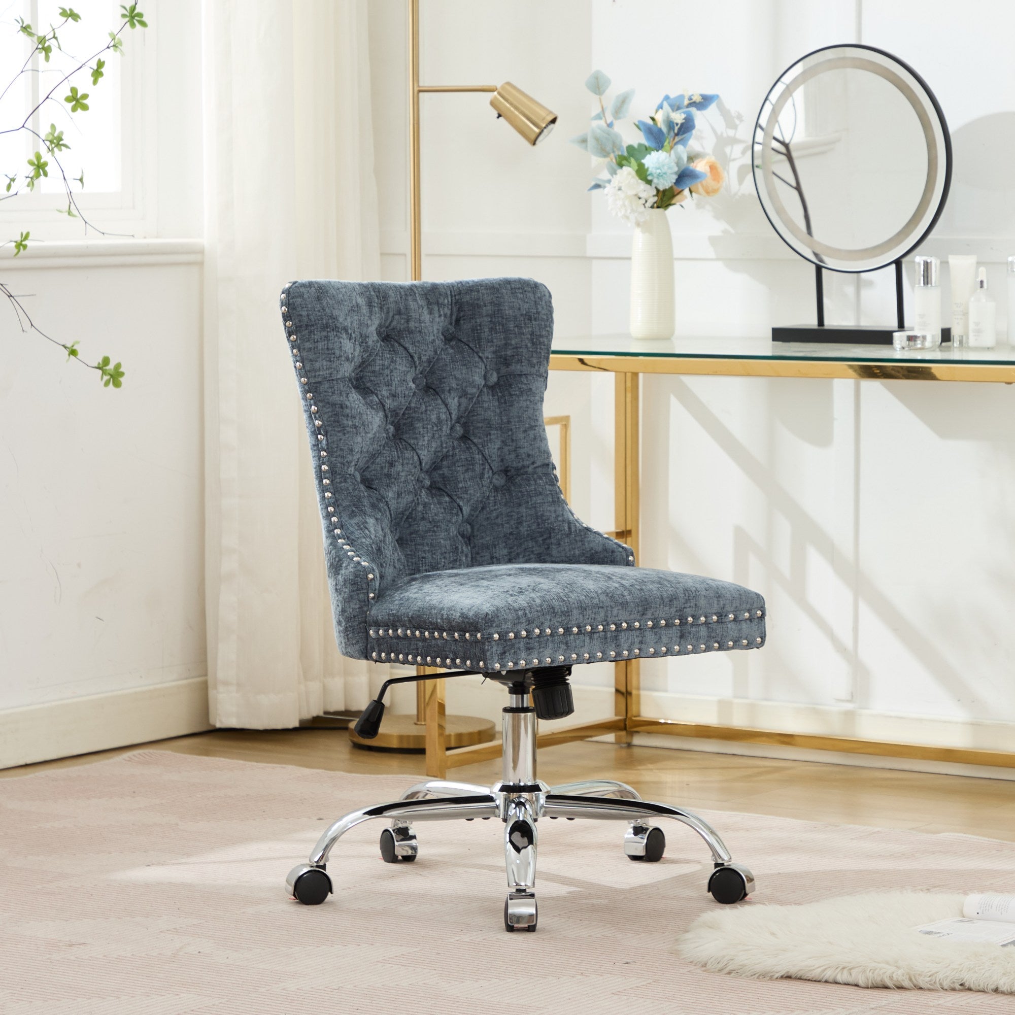 PAPROOS Vanity Chair, Swivel Home Office Chair, Ergonomic Home Desk Chair with Silver Metal Base, Adjustable Height, Chenille Upholstered Tufted Button Task Chair, Green
