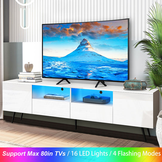 TV Stand for 80in TV with LED Lights, Paproos 70in Modern Entertainment Center for Living Room, High Gloss TV Media Console with Drawers Storage, Remote Control TV Cabinet