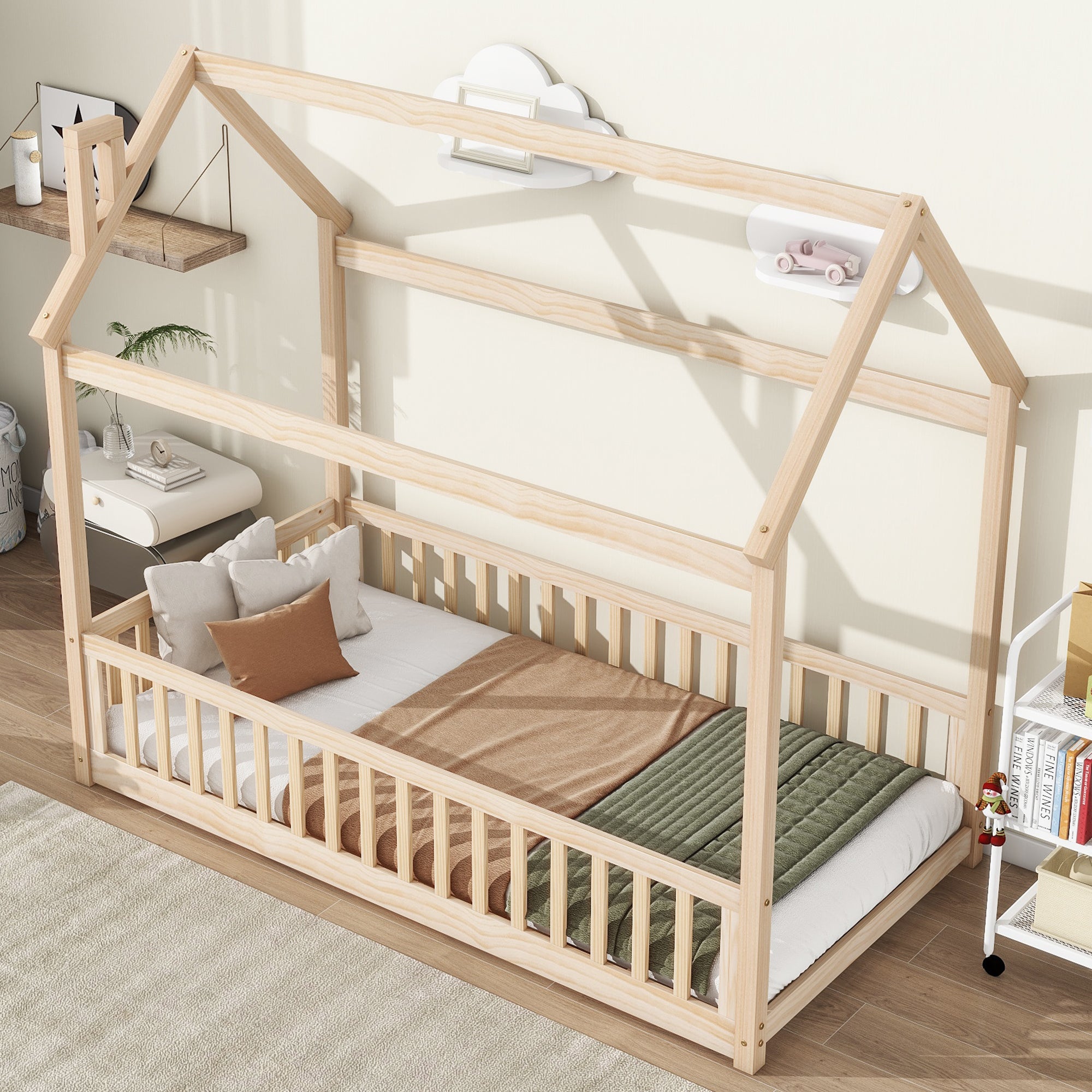 PAPROOS Twin Size House Floor Bed for Kids