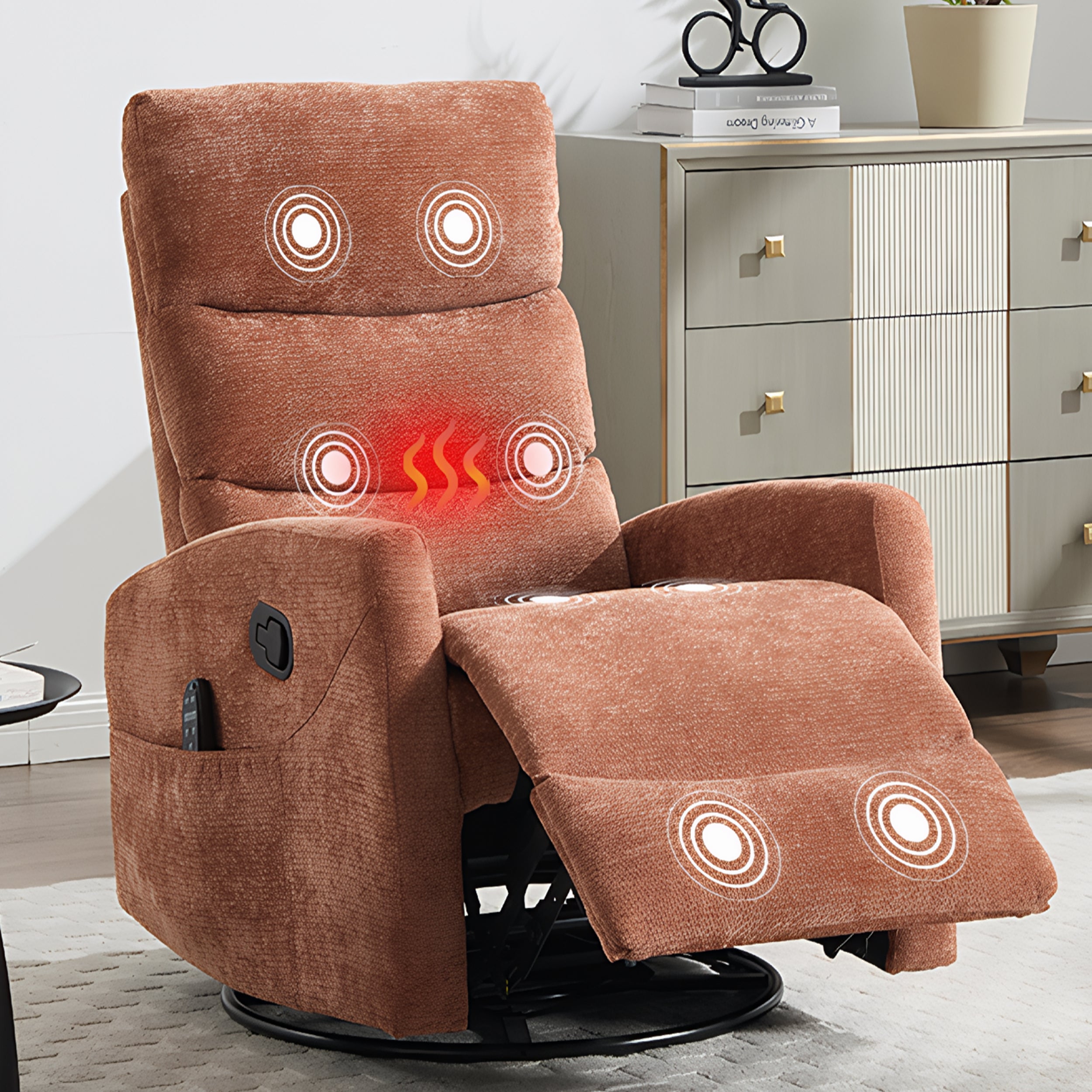 PAPROOS Recliner Chair with Massage and Heat, Fabric 360° Swivel Rocker Recliner, Rocking Chair for Nursery, Manual Recliner for Adults for Home Theater Living Room