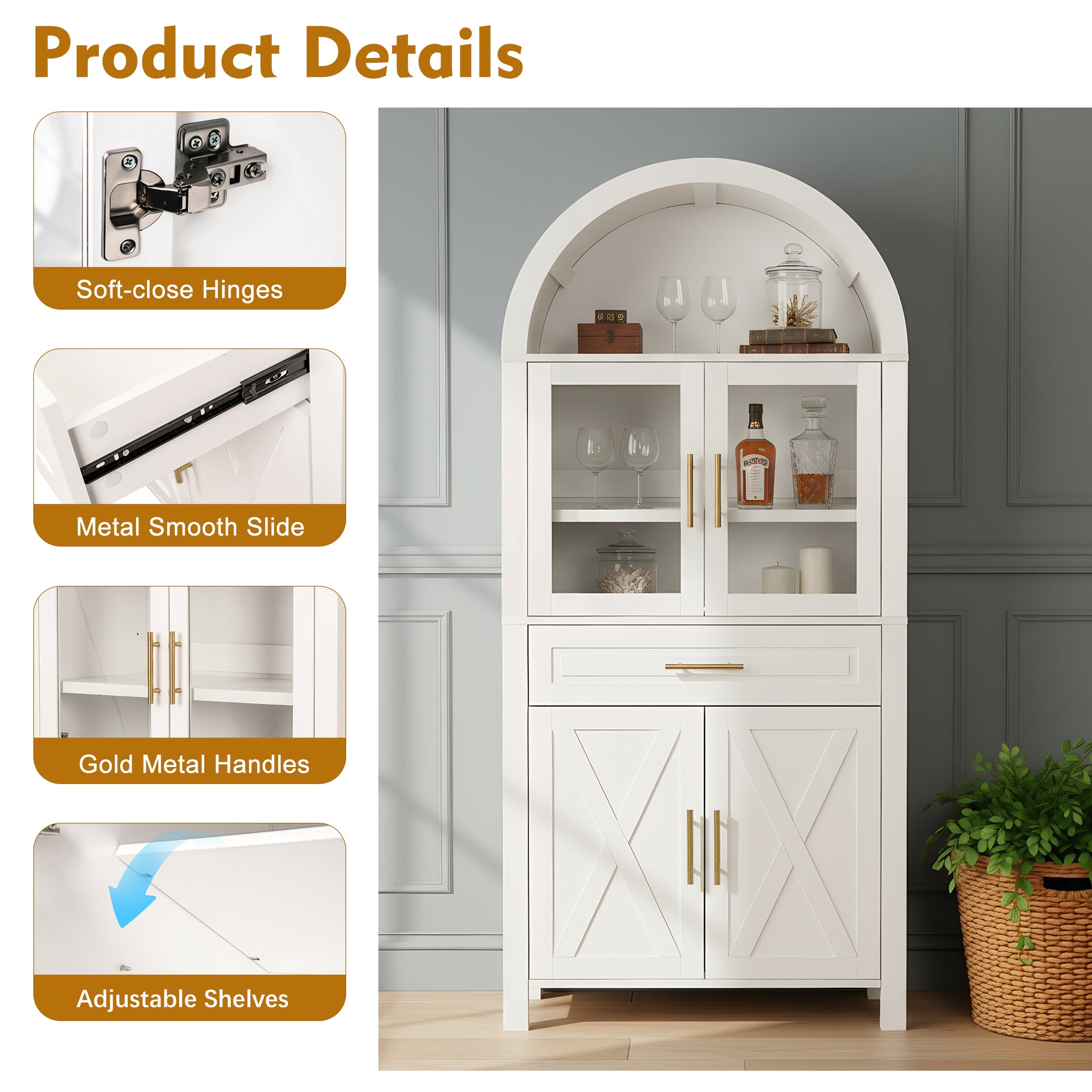 PAPROOS 71" Tall Arched Pantry Storage Cabinet with Glass Door, Farmhouse Pantry Cabinet with Built-in Racks & Adjustable Shelves, Barn Door Design Kitchen Storage for Living Room Dining Room, White