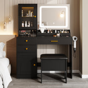 PAPROOS Vanity Set with 3 Color Lighted Mirror, Modern Makeup Vanity Table with Charging Station and Hair Dryer Rack, Bedroom Dressing Table with 3 Drawers, Cabinet, Cushioned Stool for Girls, Black