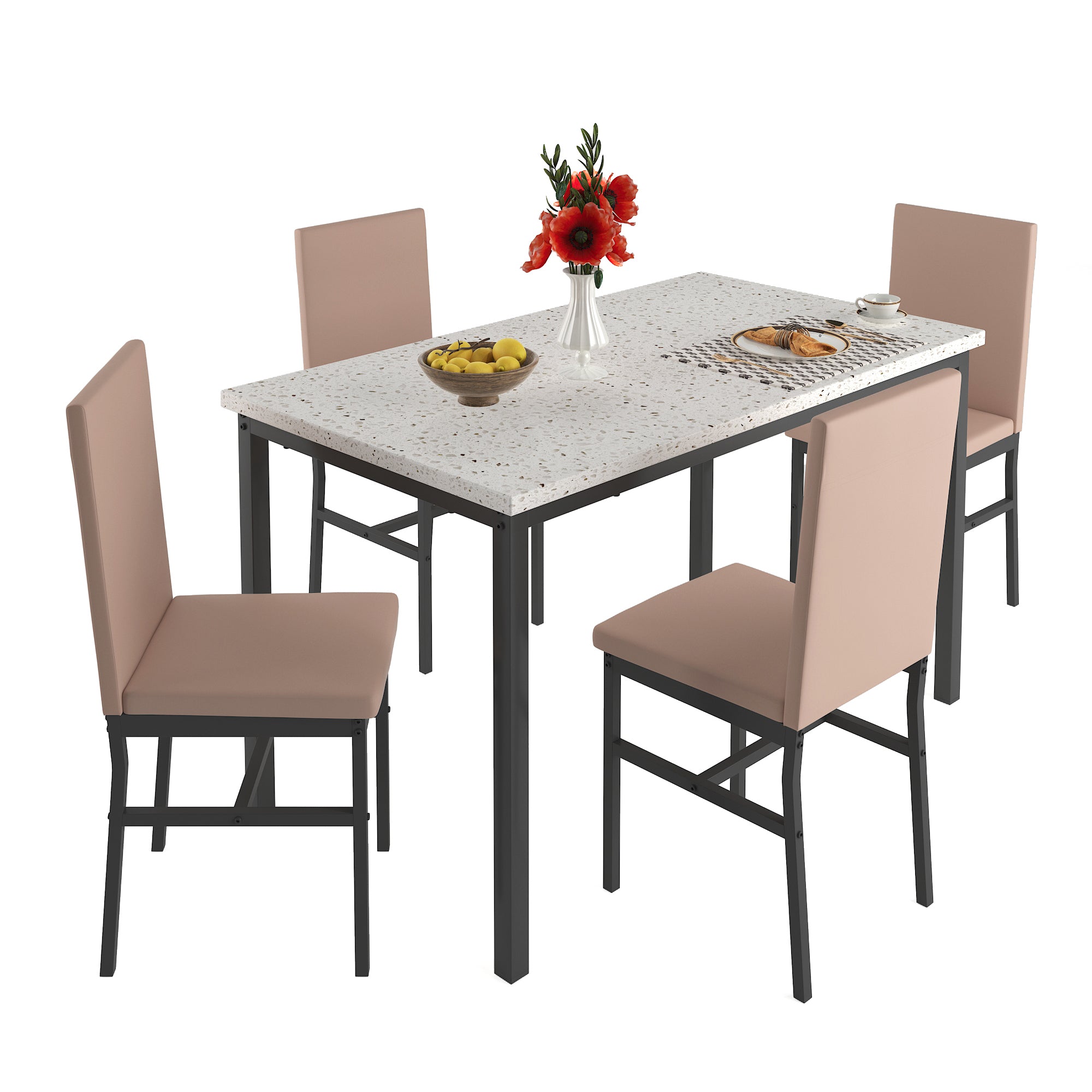 PAPROOS Dining Table Set for 4, Modern 5-Piece Kitchen Table Set with Marble Top and Faux Leather Upholstery Chairs