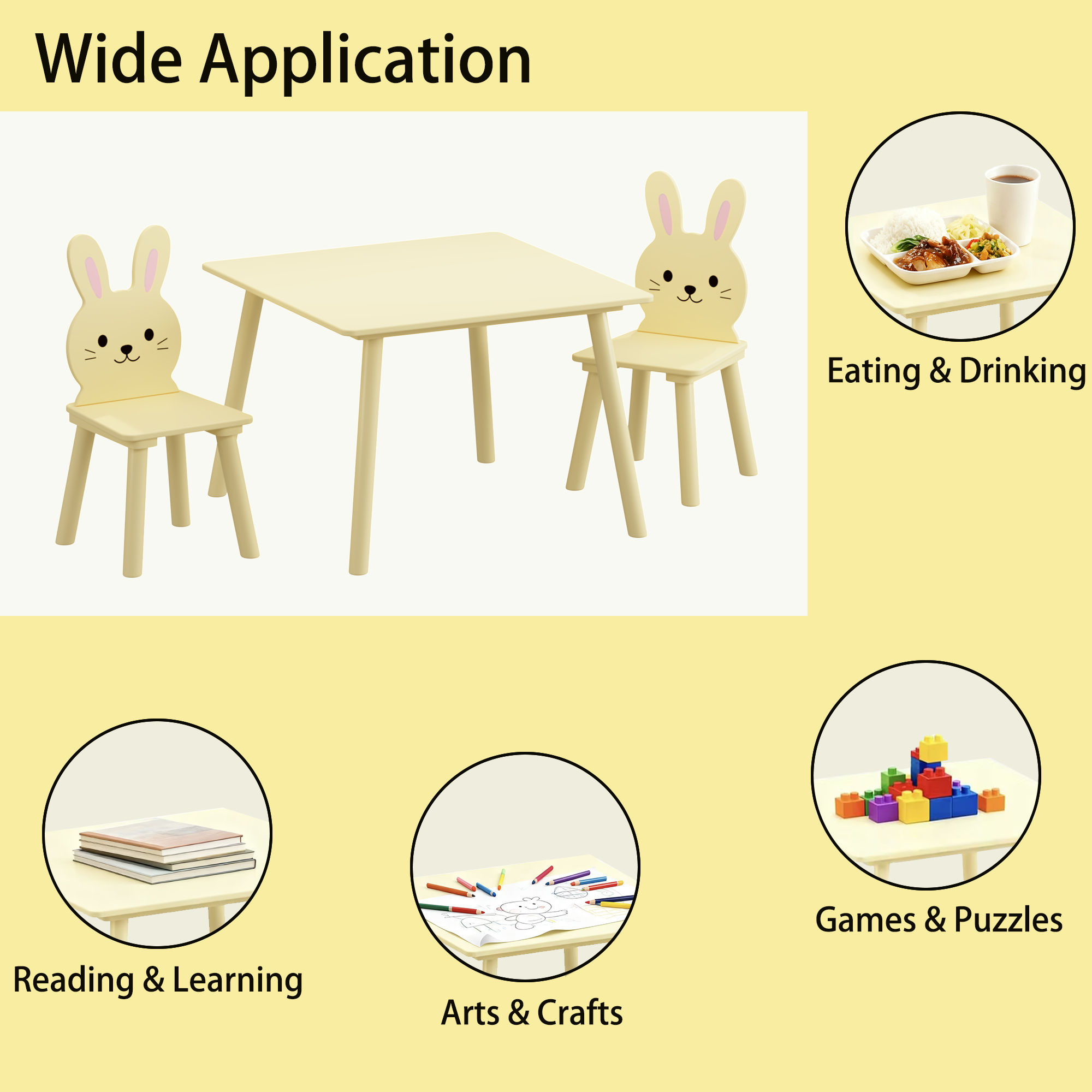 Kids Table and 2 Chairs Se, PAPROOS 3-Piece Wooden Table and Chairs Set for Toddler, Activity Table Play Table Study Table, Cream Yellow Bunny Cute Table Set for Playroom, Classroom