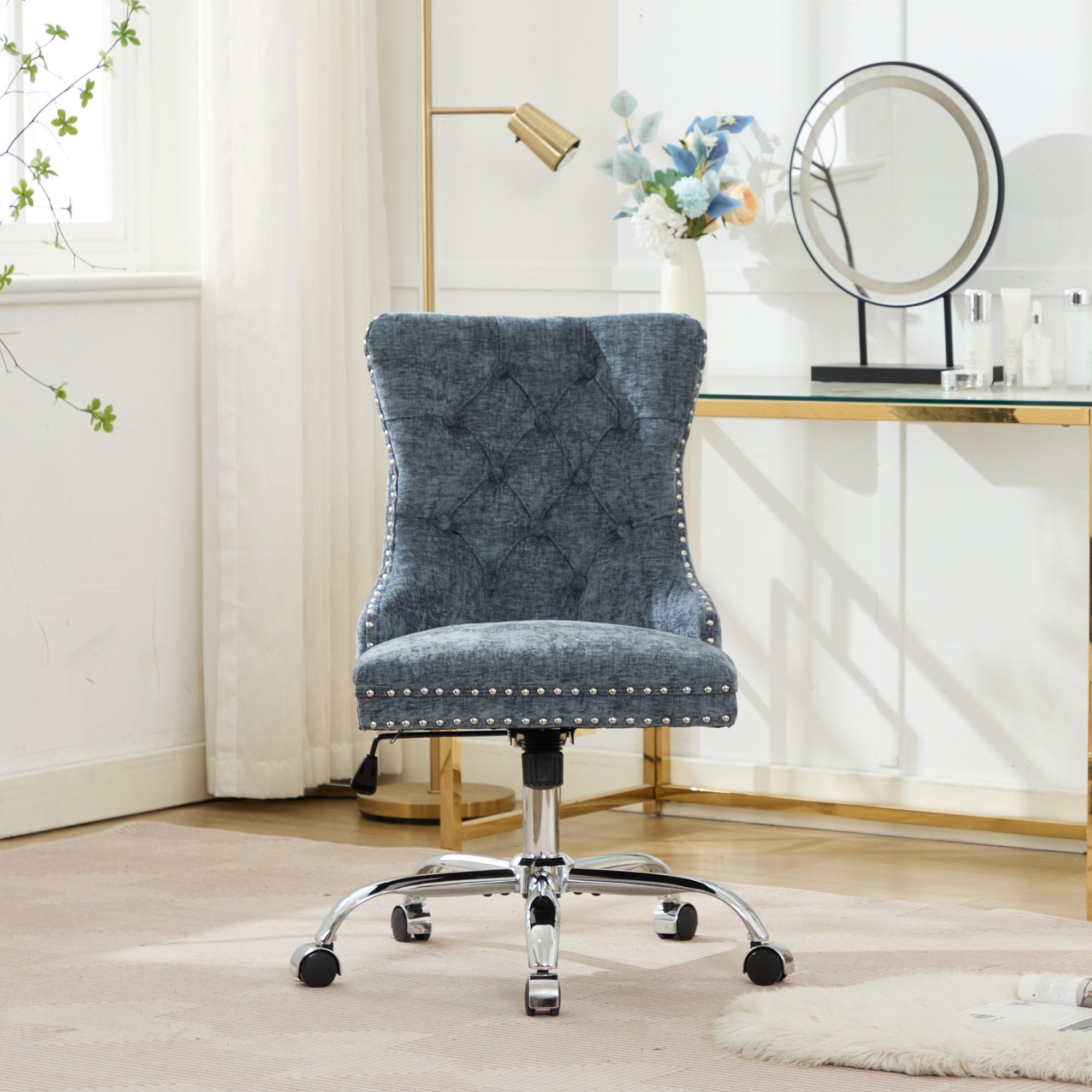 PAPROOS Vanity Chair, Swivel Home Office Chair, Ergonomic Home Desk Chair with Silver Metal Base, Adjustable Height, Chenille Upholstered Tufted Button Task Chair, Green