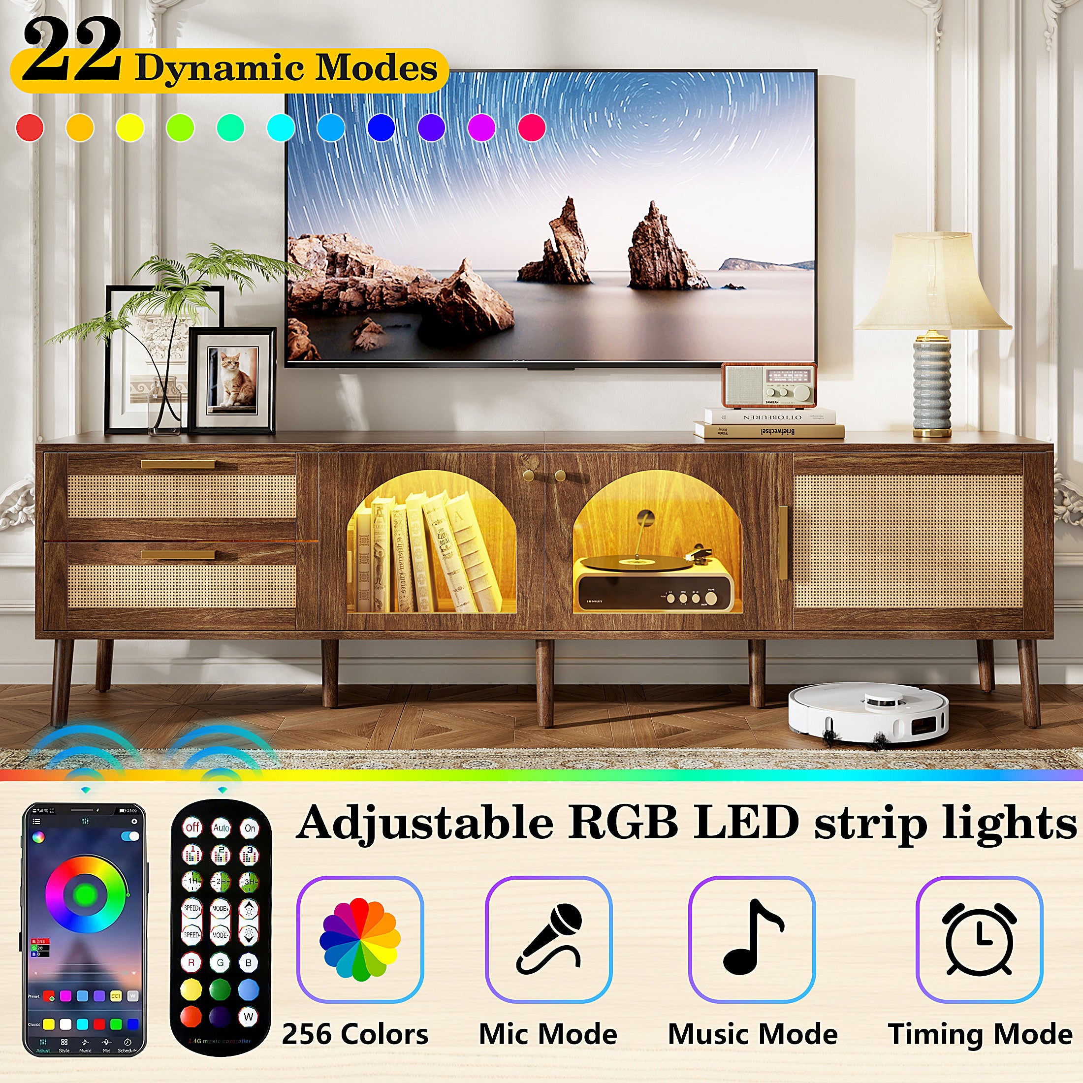LED TV Stand for TVs up to 80'' with LED Lights, 70" Large Entertainment Center with 2 Drawers and 3 Cabinets, Media Console Table for Living Room with Cable Management, Brown