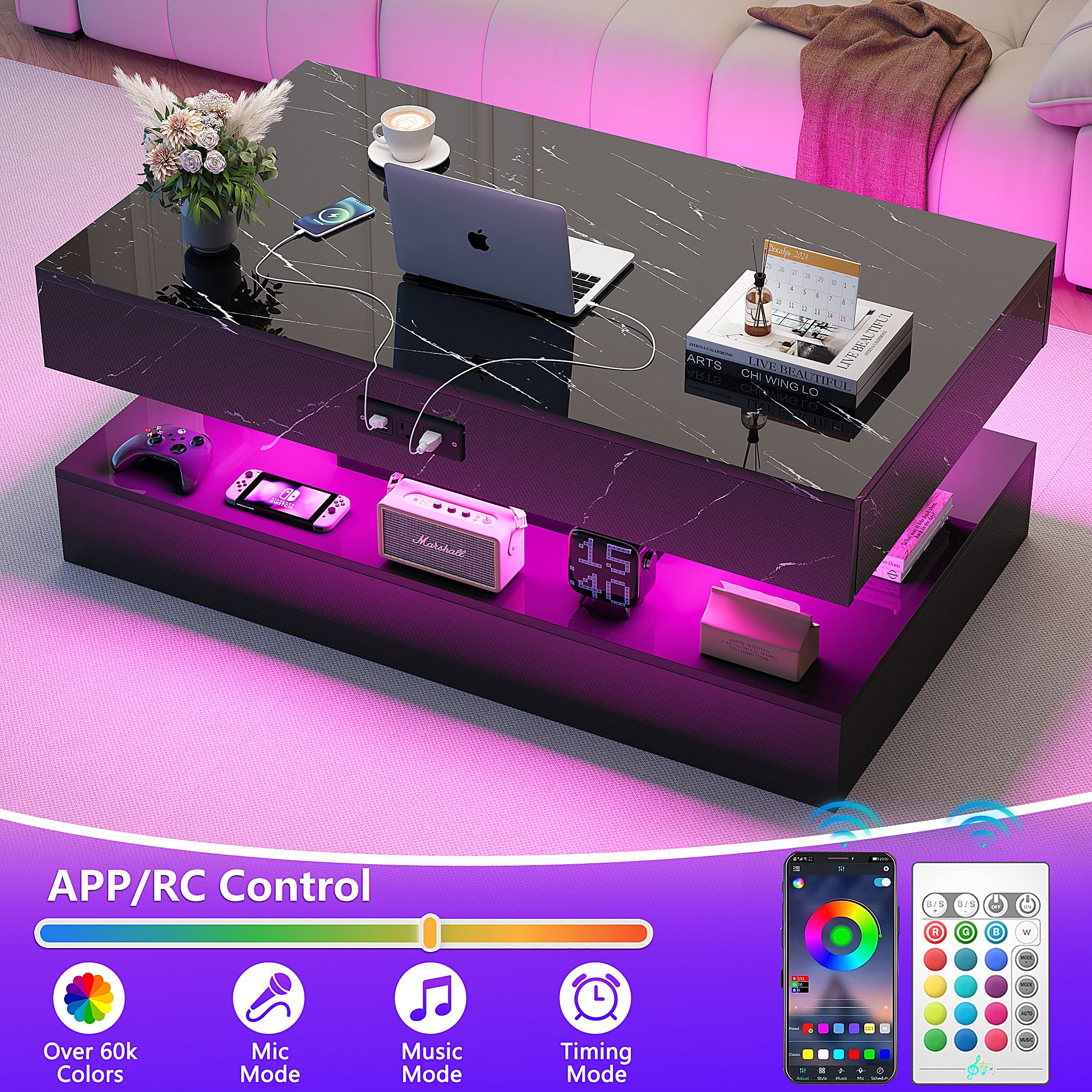 PAPROOS LED Black Coffee Table, Black/White