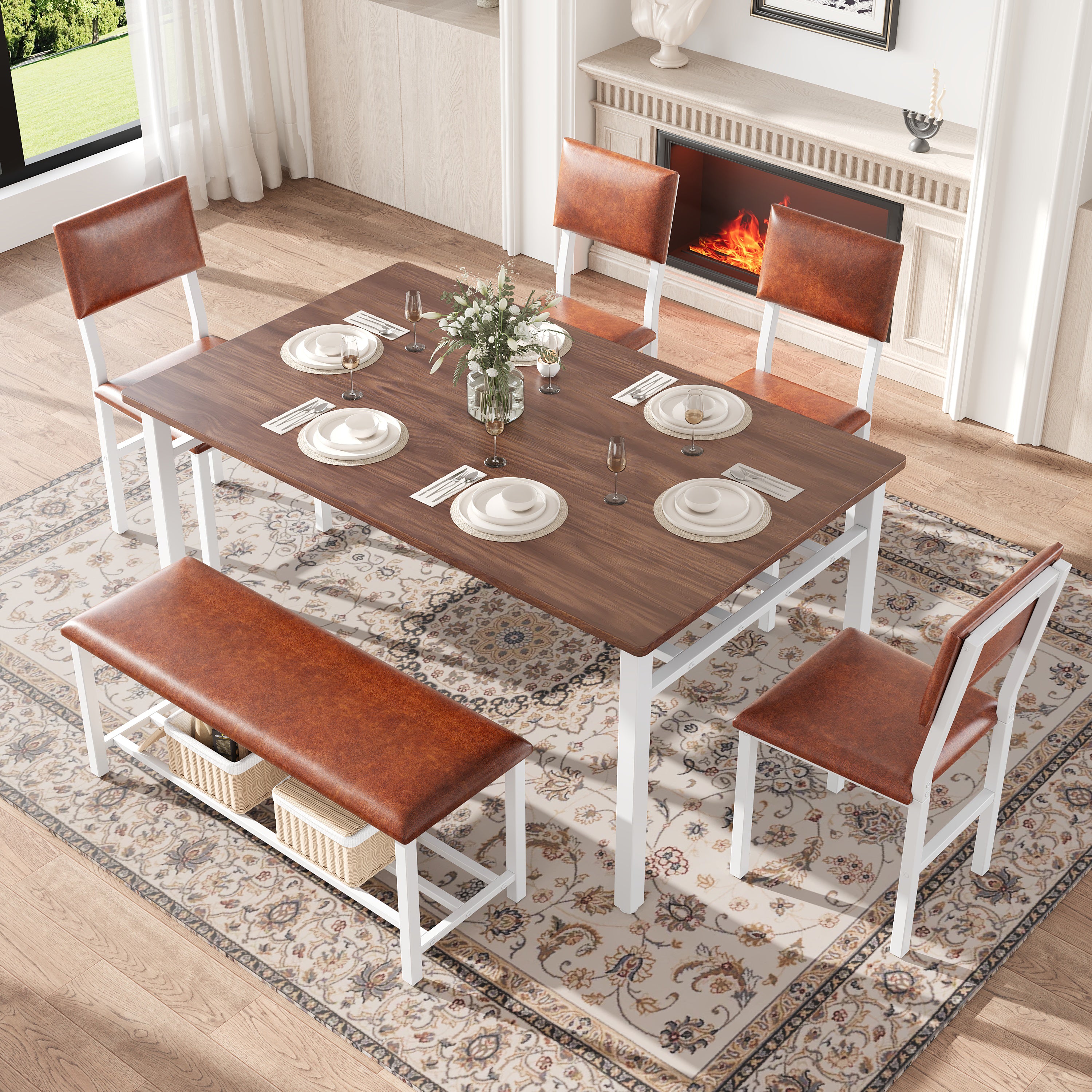 PAPROOS Dining Table Set for 6, 6 Piece Dining Room Set with Wooden Table Top, PU Leather Upholstery Chairs and Bench, Modern Dinette Sets for Big Family, Kitchen Table and Chairs Set, Rustic Brown