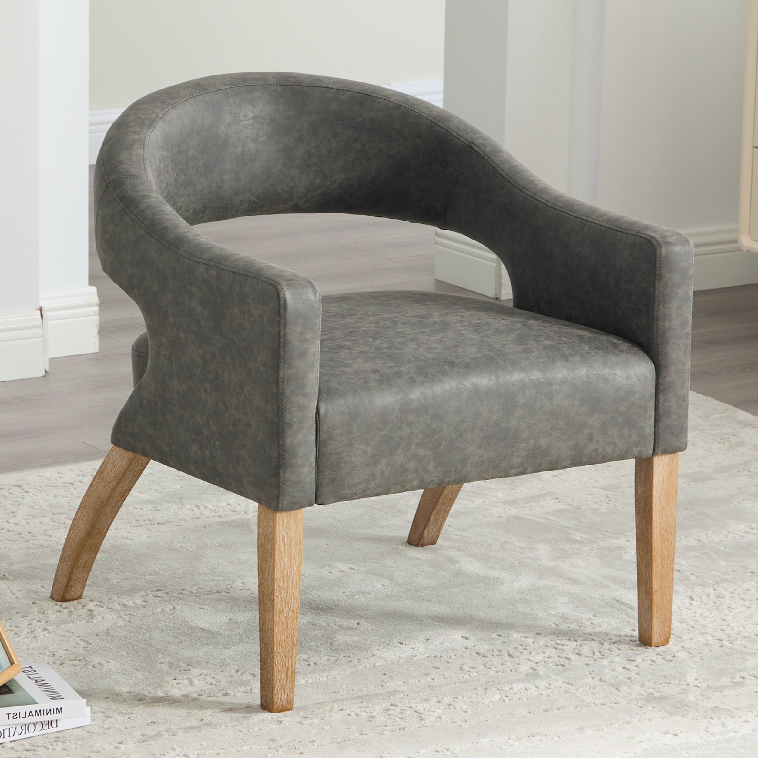 Accent Chair, PU Leather Upholstered Armchair, PAPROOS Barrel Open Back Reading Armchair, Modern Accent Chair with Weathered Solid Wood Legs for Living Room Bedroom, Club