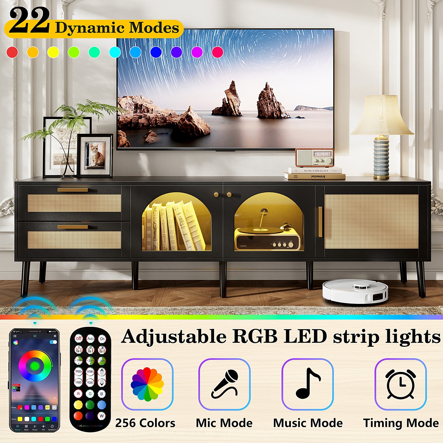 PAPROOS TV Stand for 75 Inch TV, Modern Farmhouse TV Cabinet with LED Light, Living Room Media Console Table with 3 Storage Cabinets and 2 Drawers, Entertainment Center for 70-80 Inches TV, Black