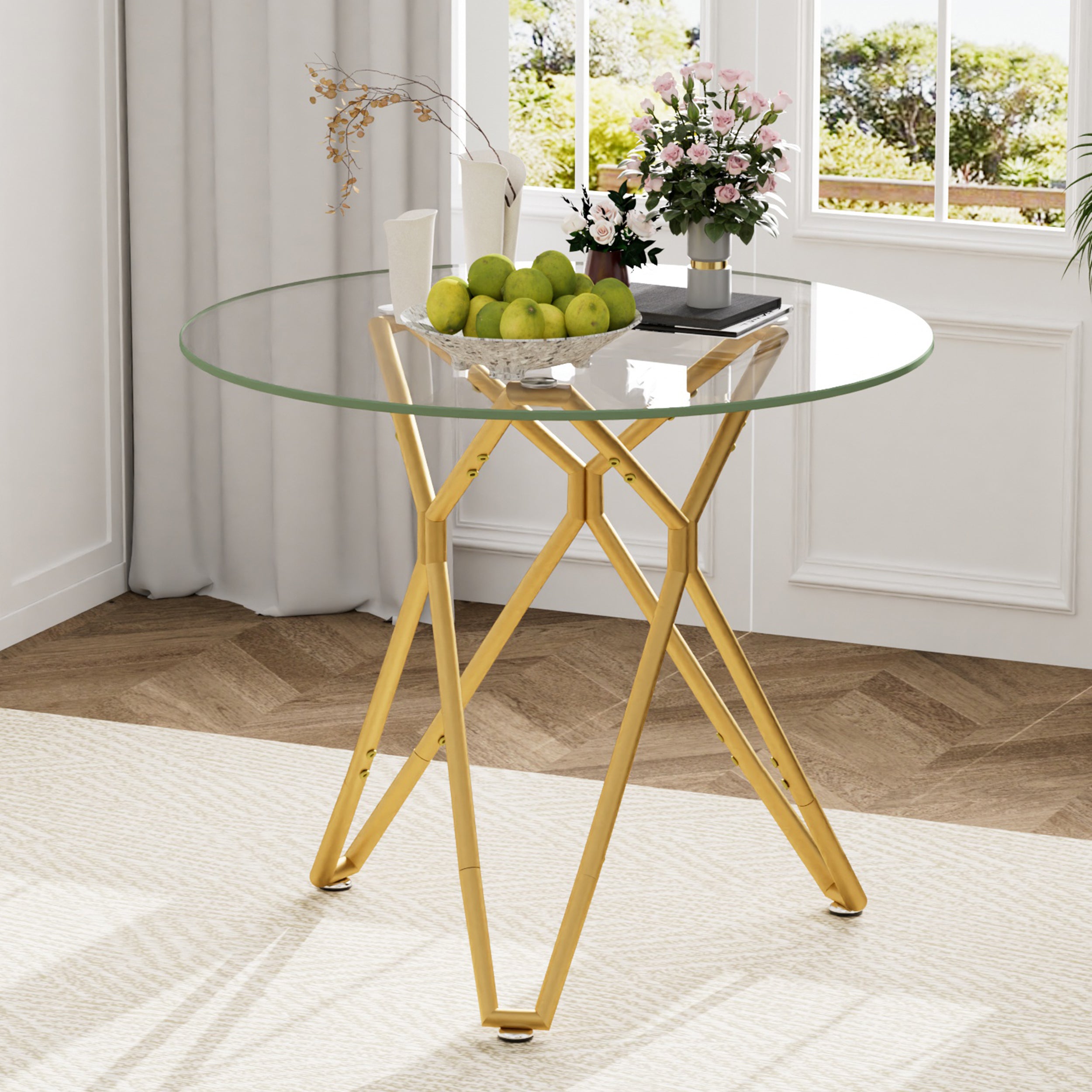 35" Square Dining Table for 4, Tempered Glass Kitchen Table, Paproos Dining Room Table, Dinner Table with Metal Legs for Kitchen, Dining Living Room, Transparent & Gold(Only Table)