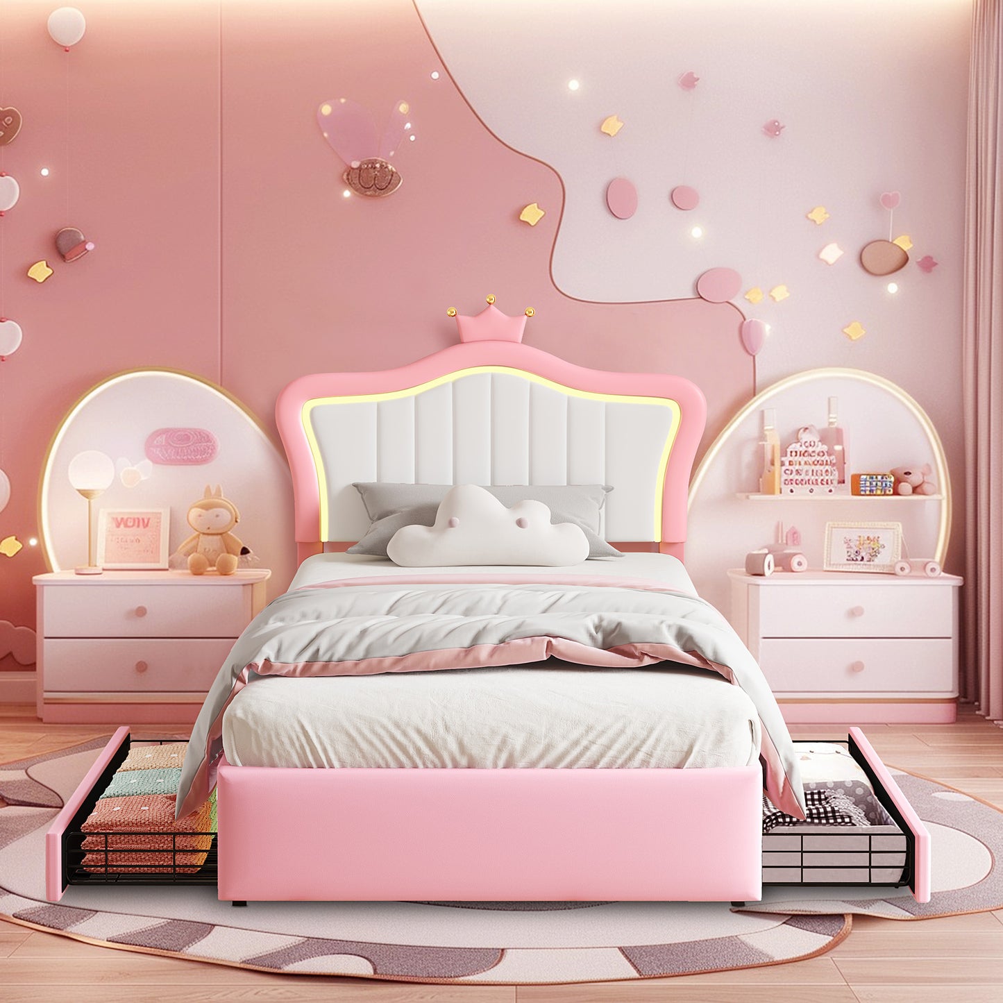 Twin Size Led Bed with Drawers, Upholstered Twin Bed Frame with Adjustable Headboard, Cute Pink Princess Bed with Crown Design for Girls, LED Twin Frame with Storage