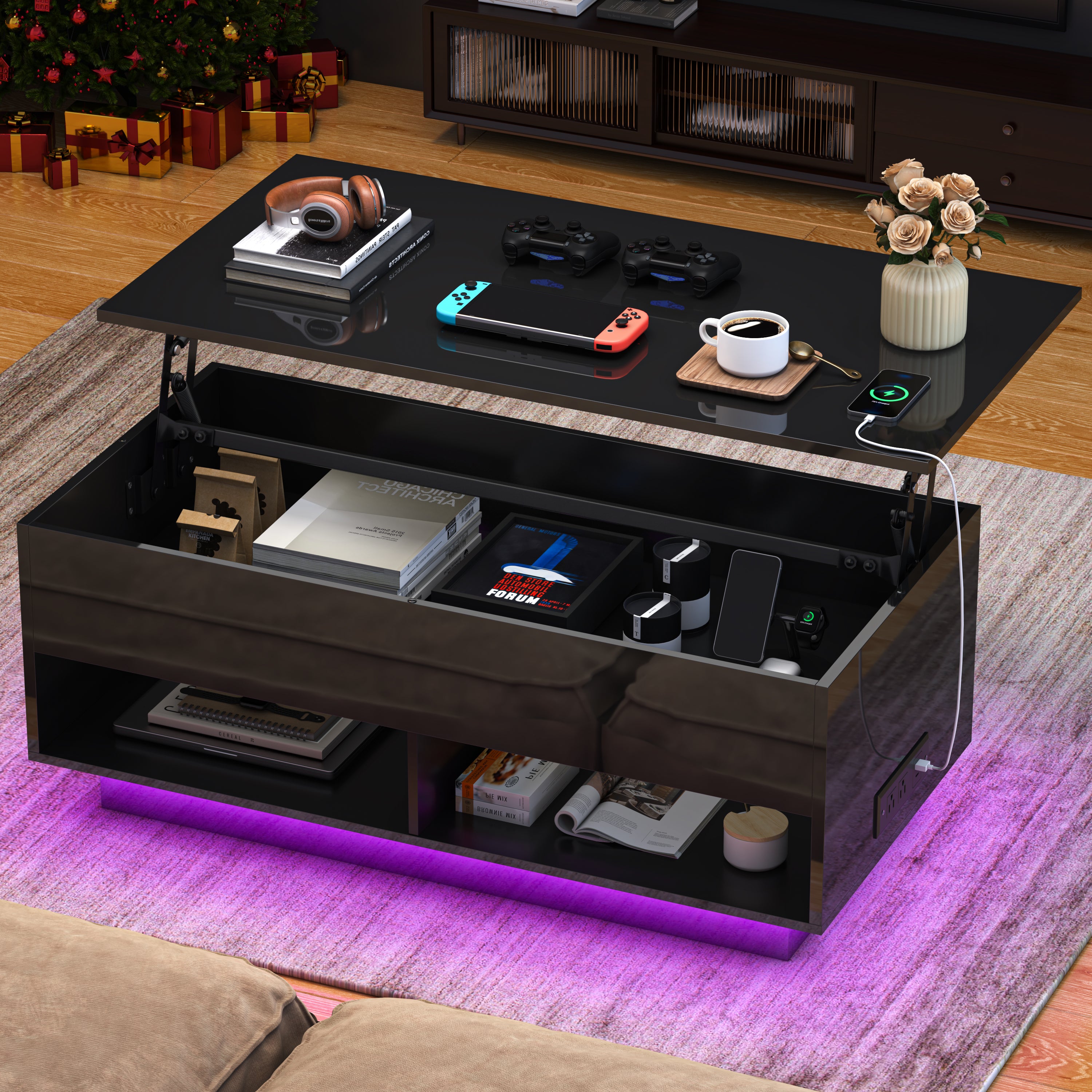 PAPROOS Lift Top Coffee Table for Living Room, Modern Coffee Table with APP Control LED Light and Charging Station, High Gloss Coffee Table with Hidden Storage and Storage Shelves, Black