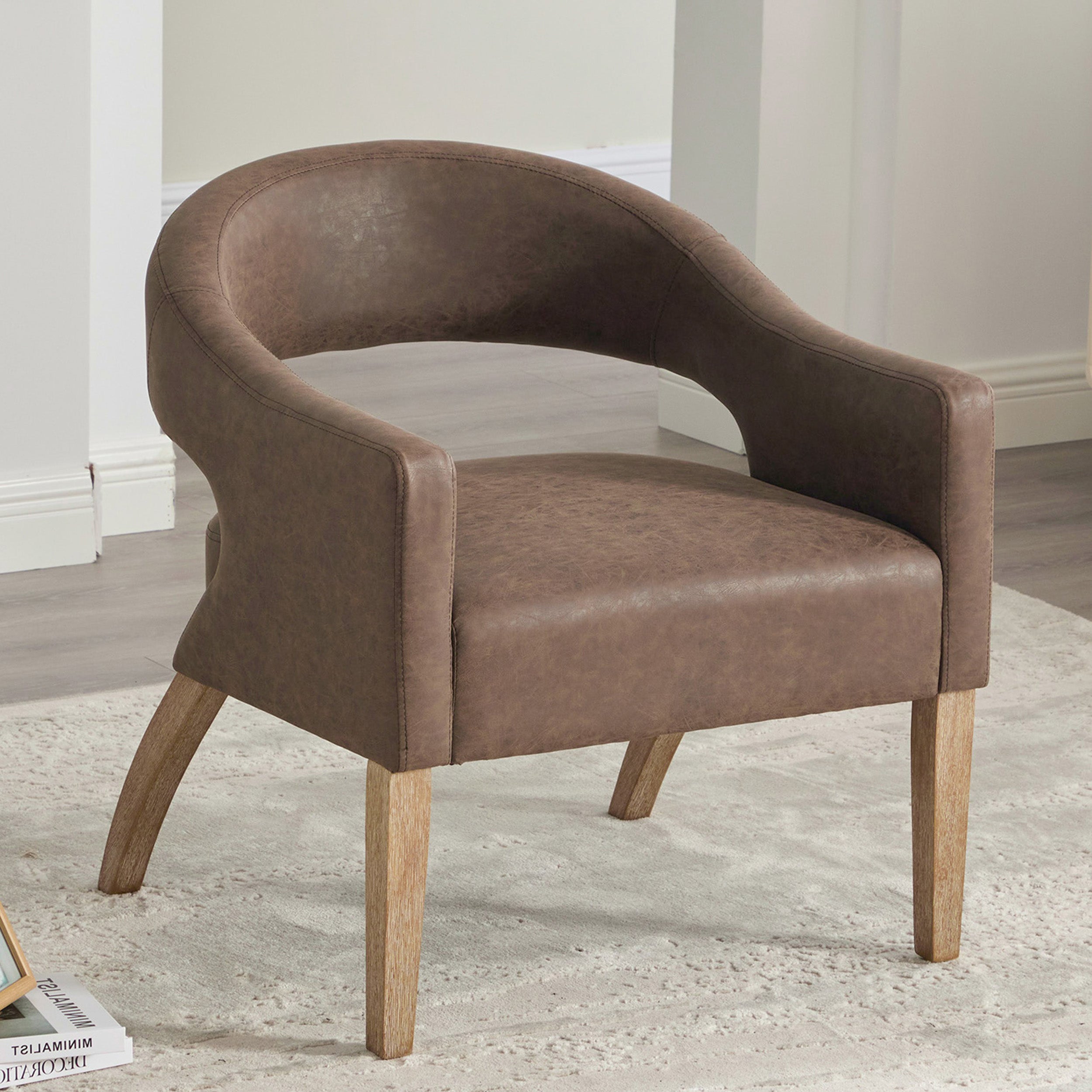 Accent Chair, PU Leather Upholstered Armchair, PAPROOS Barrel Open Back Reading Armchair, Modern Accent Chair with Weathered Solid Wood Legs for Living Room Bedroom, Club