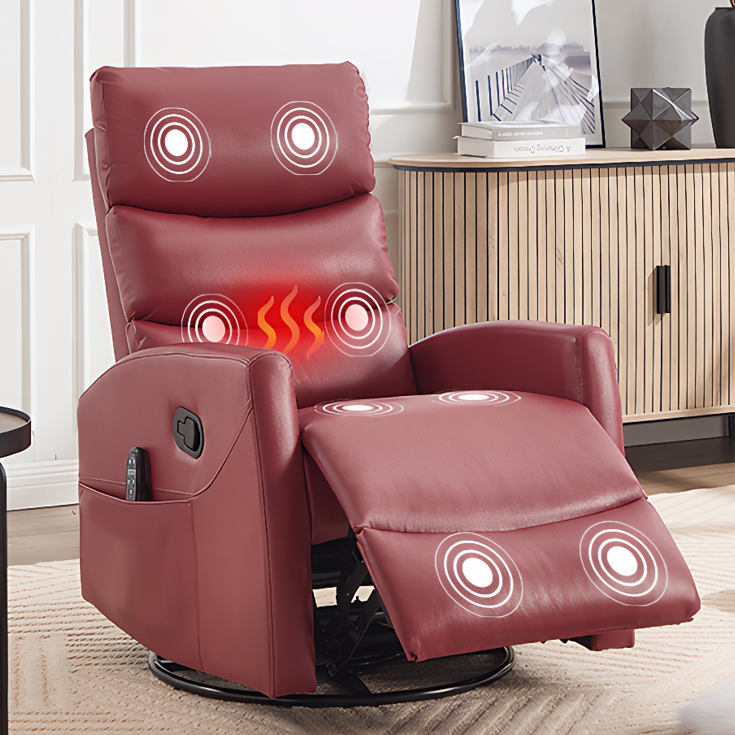 PAPROOS Rocker Recliner with Heat Therapy and Massage, PU Leather 360°Swivel Rocker Recliner, Rocking Chair for Nursery, Small Rocking Recliner, Manual Recliner for Home Theater Living Room