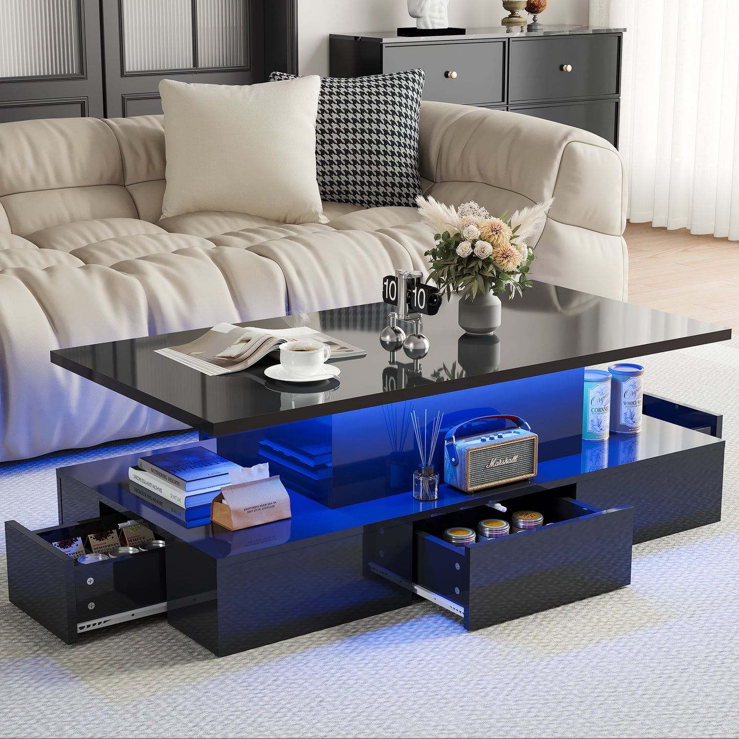 Black LED Coffee Table for Living Room, PAPROOS Modern High Glossy Center Table with 4 Drawers, Smart Cocktail Table Rectangle, Sofa Side Tea Tables with LED Lights, 41"L×25"W×16"H