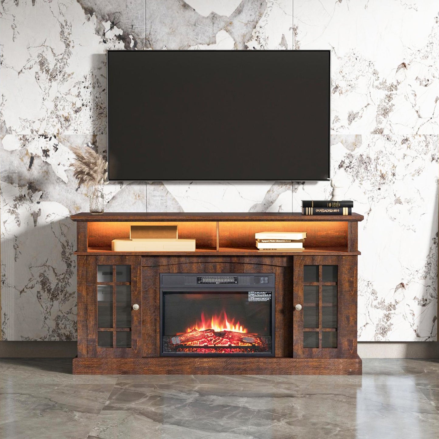 PAPROOS Fireplace TV Stand with LED Light Bluetooth Band for 65 Inch TV, Entertainment Center with Glass Cabinet Door, Electric Fireplace with Adjustable Warmth, Brown