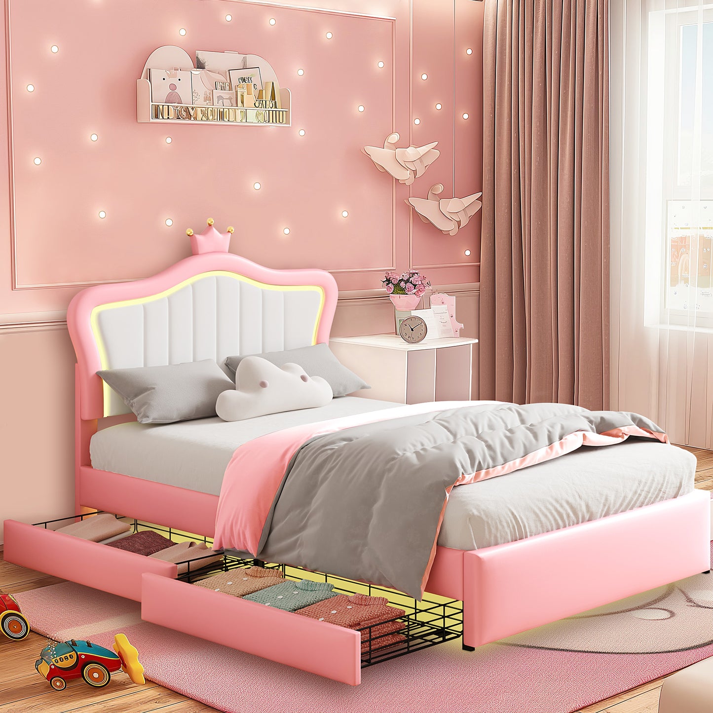 Twin Size Led Bed with Drawers, Upholstered Twin Bed Frame with Adjustable Headboard, Cute Pink Princess Bed with Crown Design for Girls, LED Twin Frame with Storage