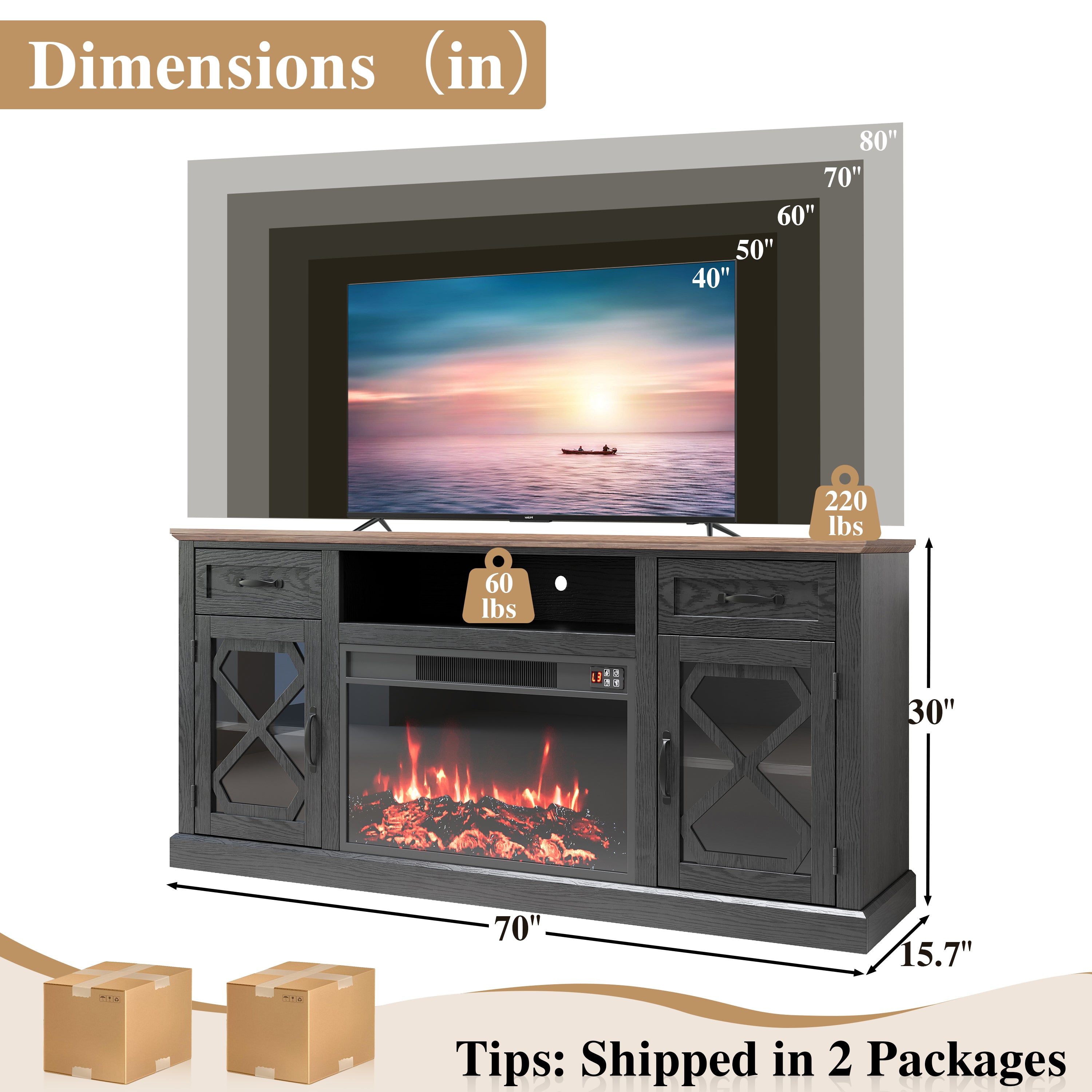 Fireplace TV Stand, PAPROOS 70in TV Stand with 30in Fireplace for 80 inch TVs, Farmhouse Entertainment Center for Living Room, 500Sqt Heating Area, Brown&Black