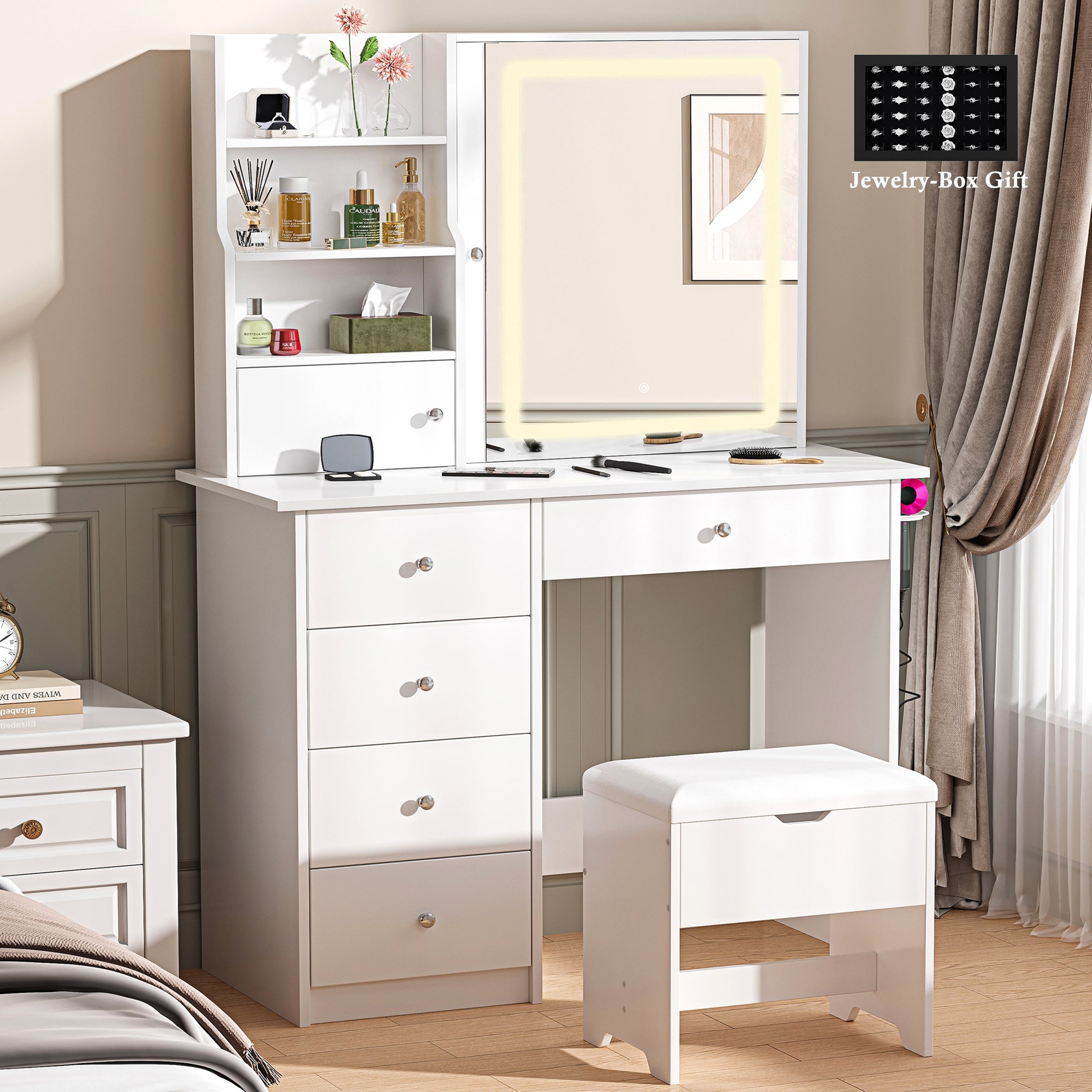 Paproos Vanity Set with Mirror and Stool, Wood Women Girls Makeup Vanity Desk with Charging Station, 3 Color LED Lights, Modern Dressing Table with Drawers, Storage Shelves, Hair Dryer Rack, White