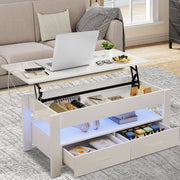 LED Lift Top Coffee Table for Living Room, PAPROOS Modern High Glossy Center Table with 2 Drawers, Sofa Side Tea Tables with LED Lights, Charging Station, USB Port, White