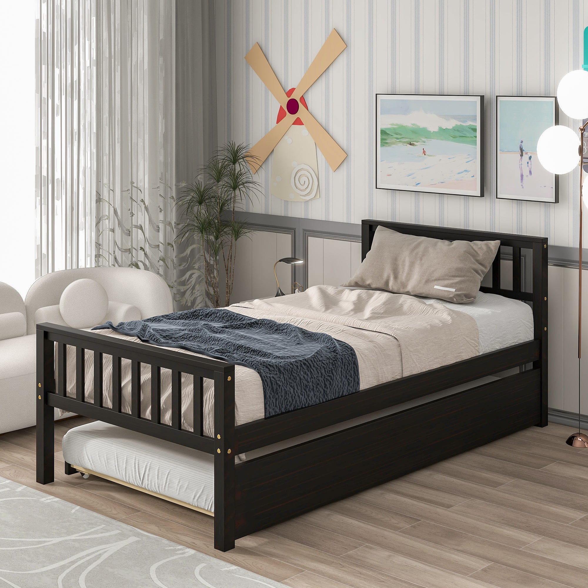 Paproos Twin Size Wood Platform Bed with Trundle, LJC