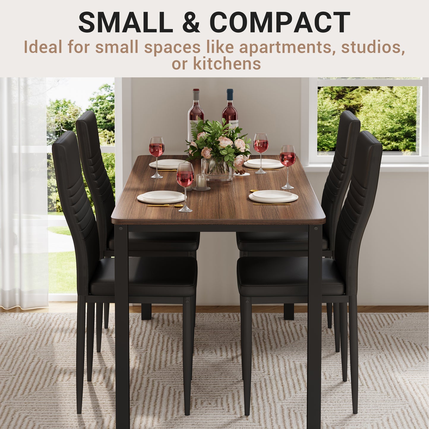 5 Piece Dining Table Set for 4, Paproos Wooden Dining Table and Chairs Set, Modern Kitchen Table Set with PU Leather Upholstered Chairs, Dining Room Table Set for Living Room Breakfast Nook