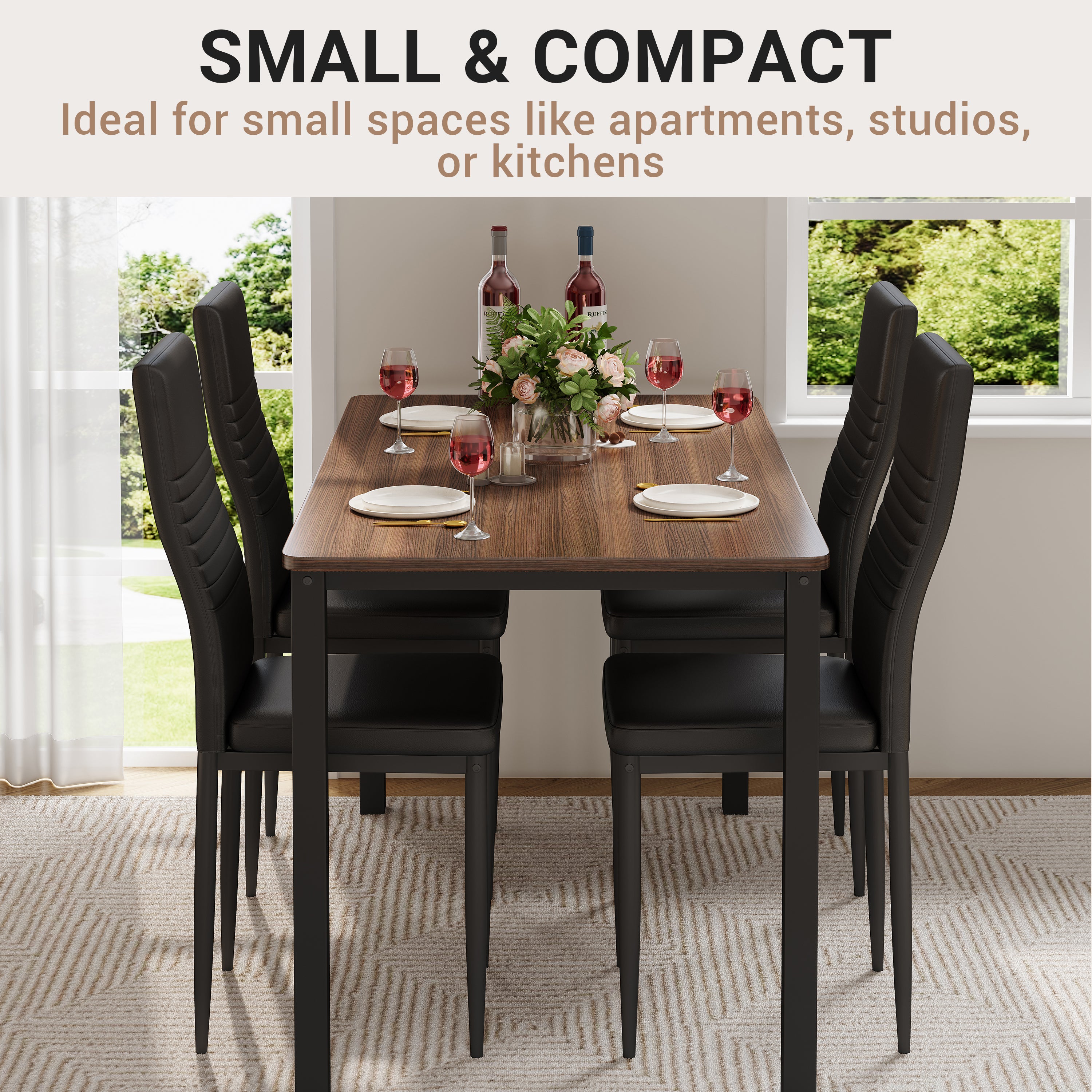5 Piece Dining Table Set for 4, Paproos Wooden Dining Table and Chairs Set, Modern Kitchen Table Set with PU Leather Upholstered Chairs, Dining Room Table Set for Living Room Breakfast Nook