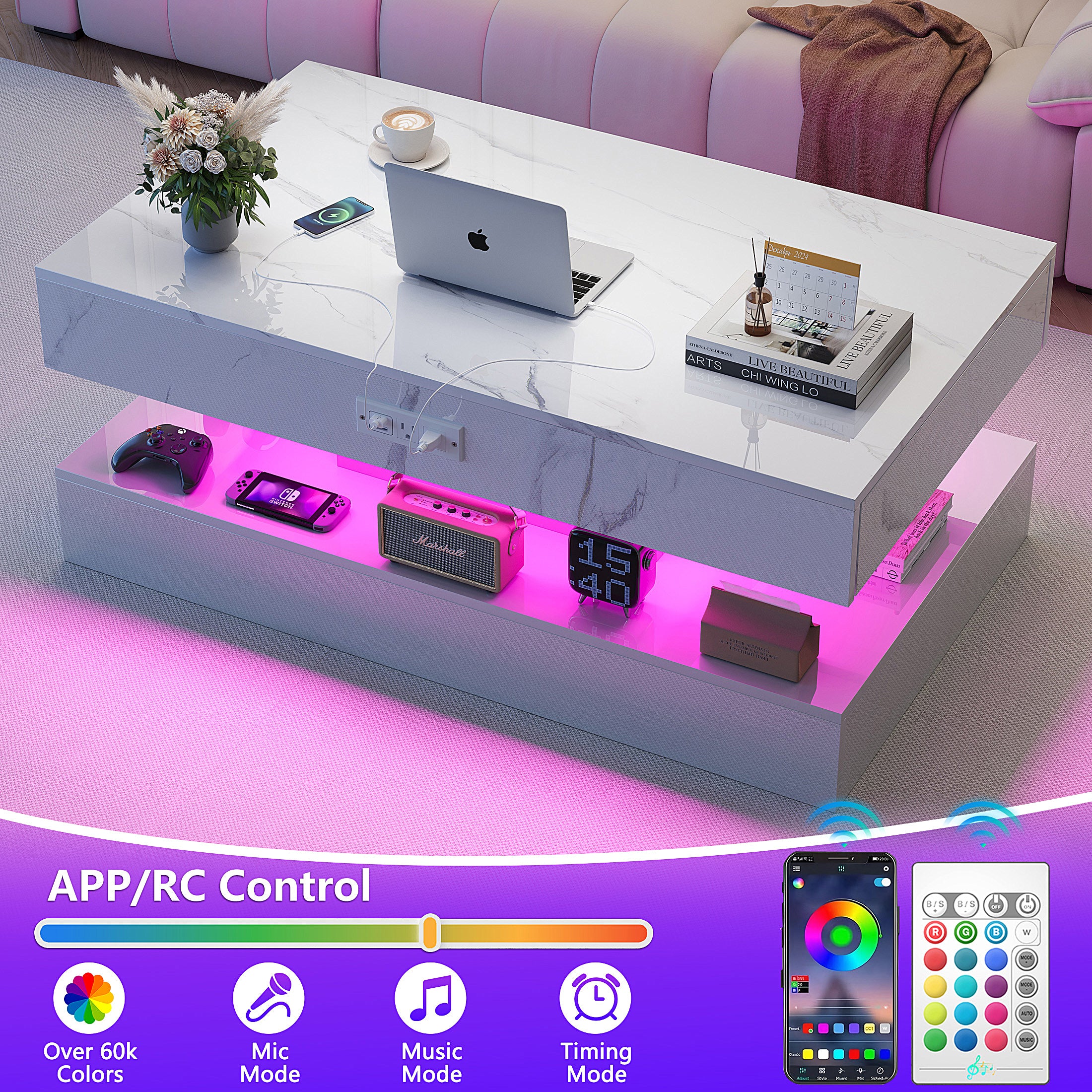 PAPROOS LED Black Coffee Table, Black/White
