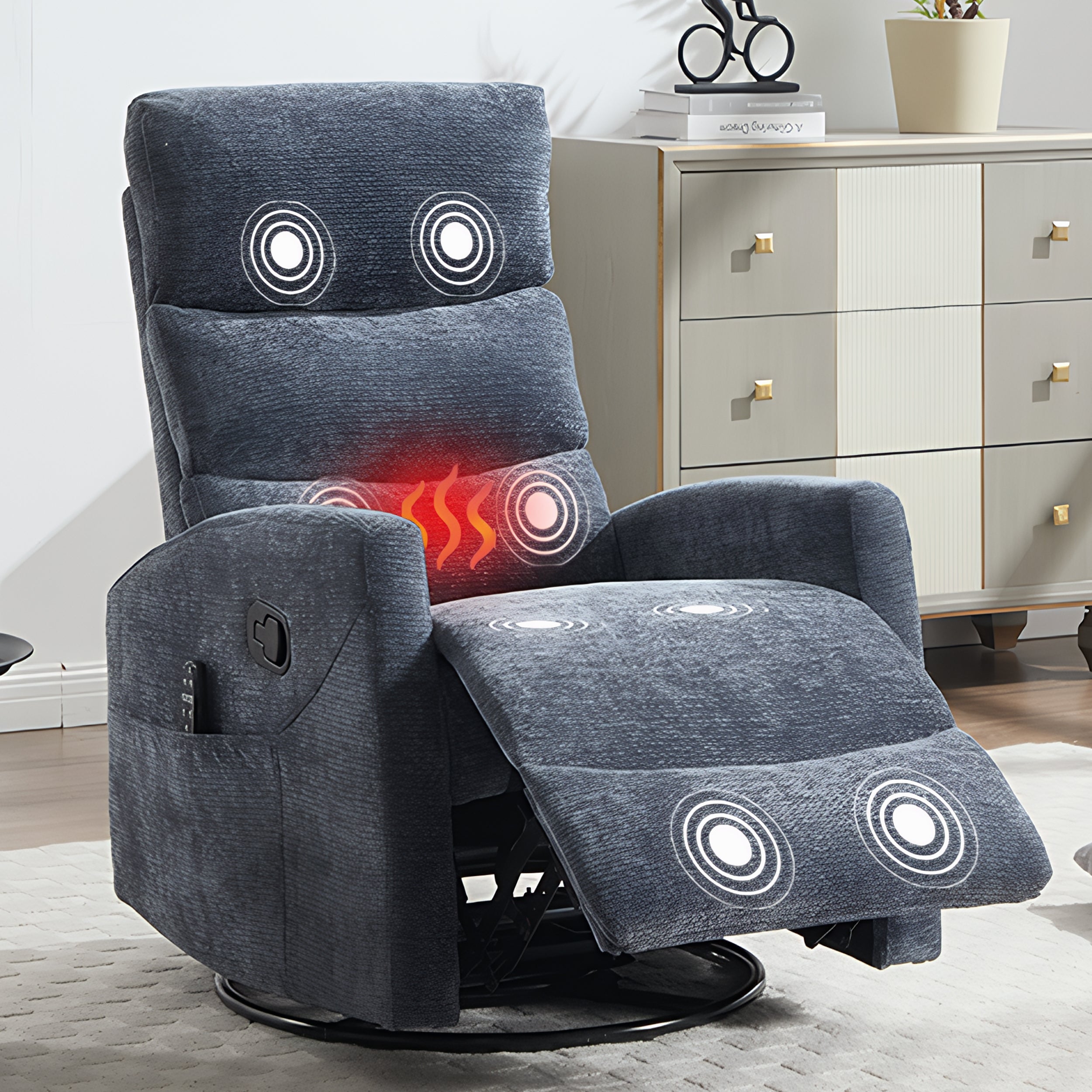 PAPROOS Recliner Chair with Massage and Heat, Fabric 360° Swivel Rocker Recliner, Rocking Chair for Nursery, Manual Recliner for Adults for Home Theater Living Room