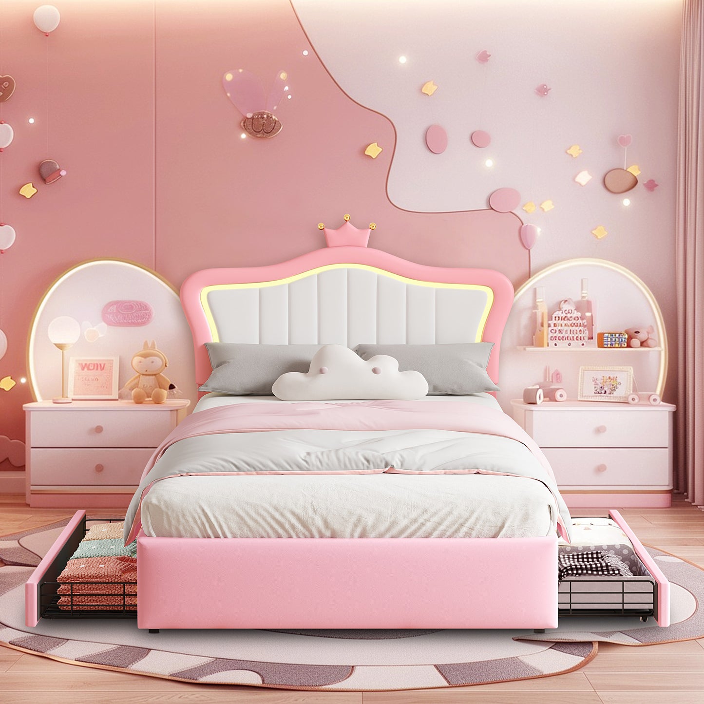 Twin Size Led Bed with Drawers, Upholstered Twin Bed Frame with Adjustable Headboard, Cute Pink Princess Bed with Crown Design for Girls, LED Twin Frame with Storage