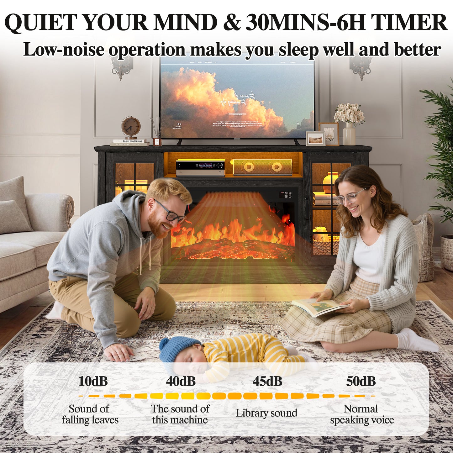 PAPROOS 63" Fireplace TV Stand for TVs up to 70" with 32" Electric Fireplace, Entertainment Center with LED, Modern Television Table Center With Remote Control for Living Room, Black