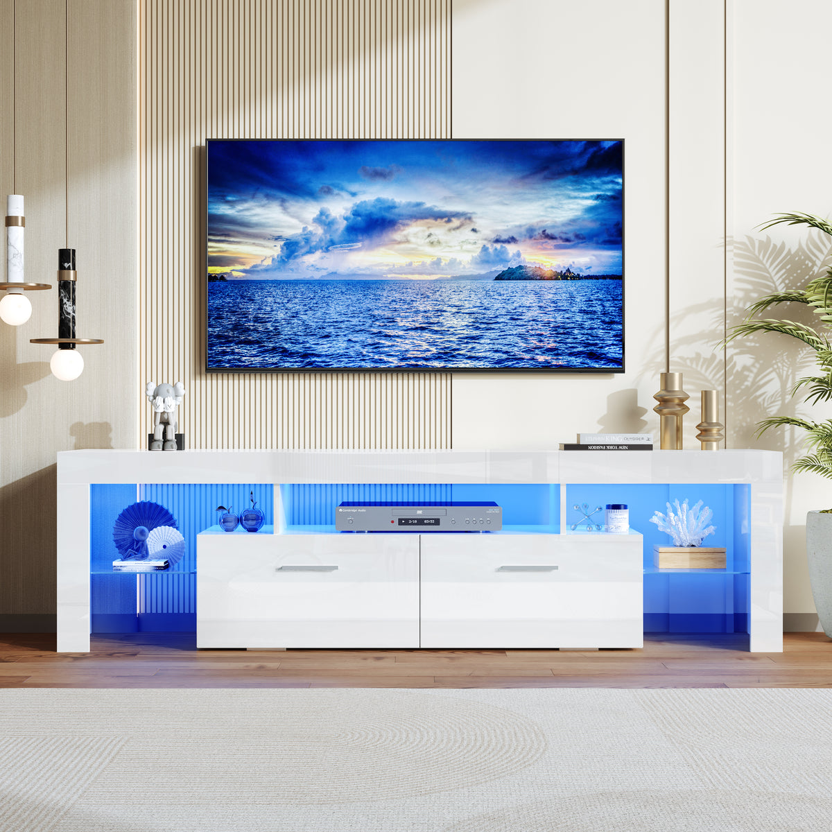 PAPROOS High Gloss TV Stand with LED Lights