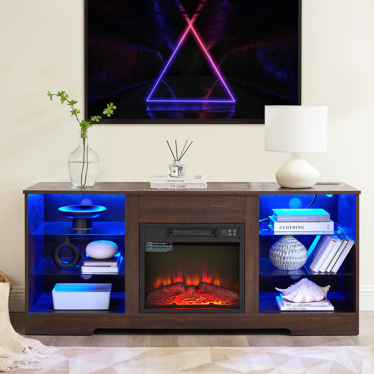 PAPROOS Fireplace TV Stand for 65 Inch TV, Farmhouse TV Stand with with 18 Inch Electric Fireplace, Entertainment Center with Charging Station, TV Console Table TV Cabinet for Living Room