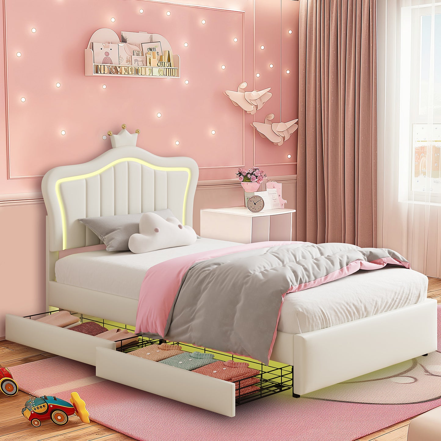 Twin Size Led Bed with Drawers, Upholstered Twin Bed Frame with Adjustable Headboard, Cute Pink Princess Bed with Crown Design for Girls, LED Twin Frame with Storage