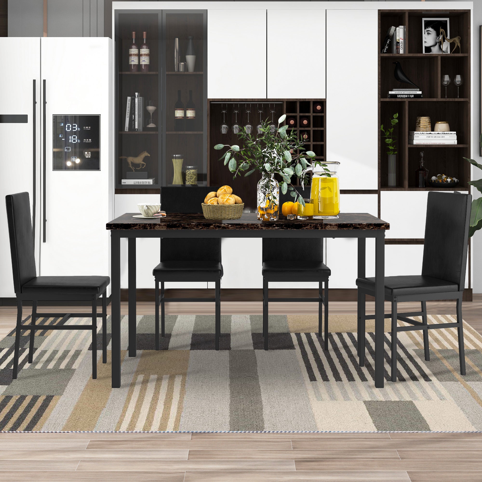 PAPROOS Dining Table Set for 4, Modern 5-Piece Kitchen Table Set with Marble Top and Faux Leather Upholstery Chairs