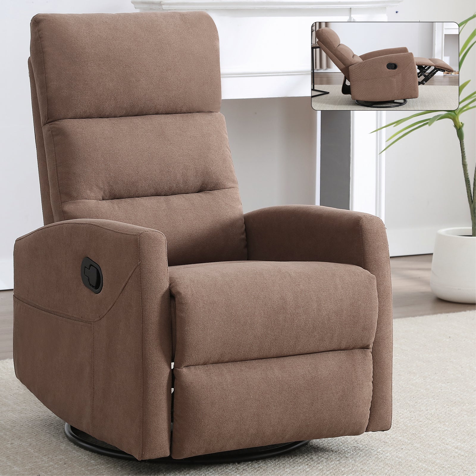 PAPROOS Swivel Rocker Recliner, Fabric 360° Swivel Rocking Recliner with 2 Side Pockets, Glider Rocking Chair for Baby Nursery, Manual Recliner for Adults for Home Theater Living Room