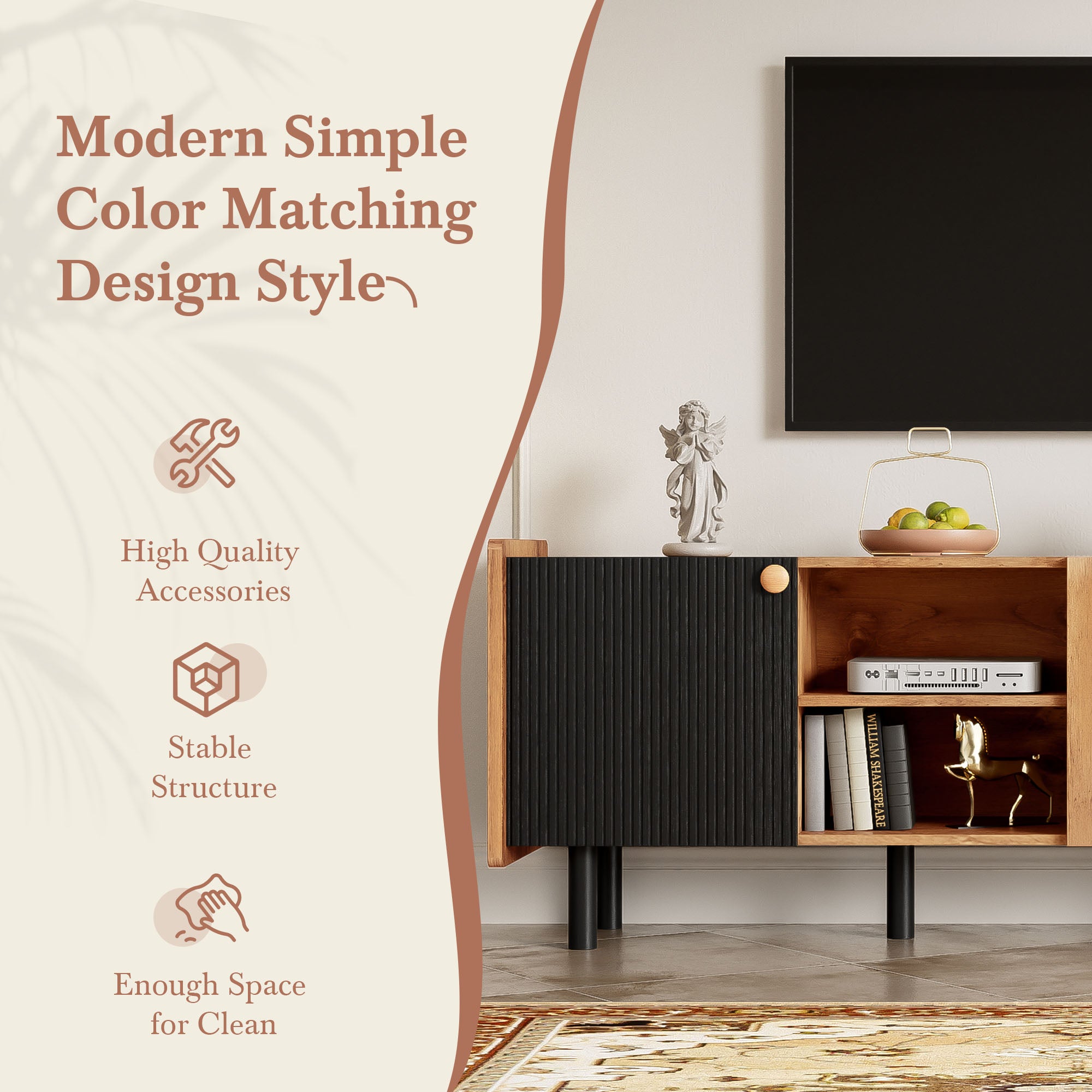 PAPROOS TV Stand for 70 inch tv, Mid Century Entertainment Center with Storage Cabinets, TV Cabinet with Open Shelves, Media Console Table with Doors for Living Room, Office