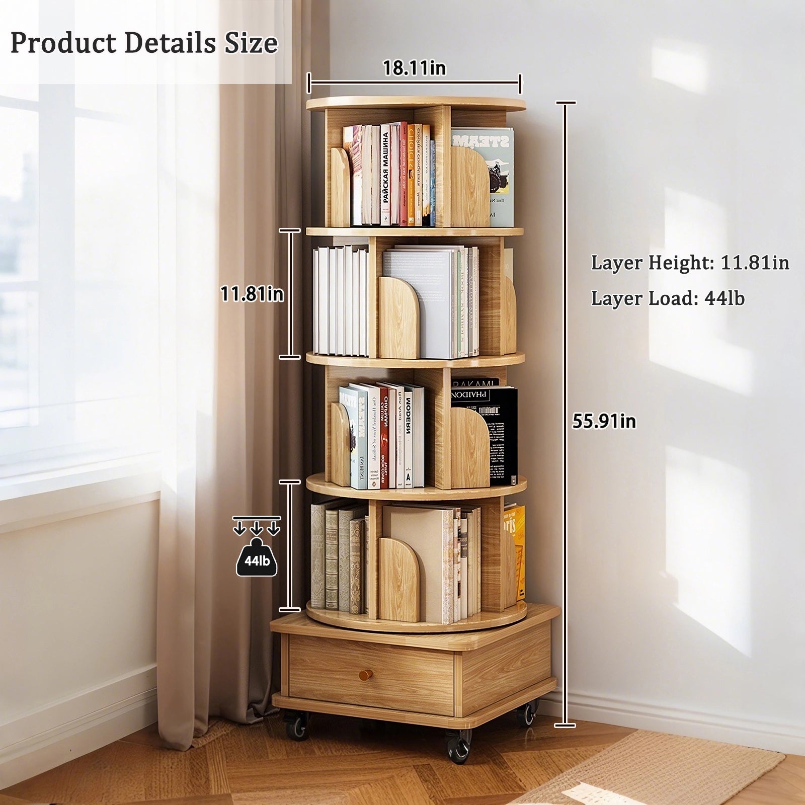 Paproos 5 Tier Rotating Bookshelf, 360° Display Wood Spinning Bookshelf Tower with Wheels and Bottom Drawer, Small Rotating Bookcase, Corner Book Shelf for Home Office, Bedroom, Warm White