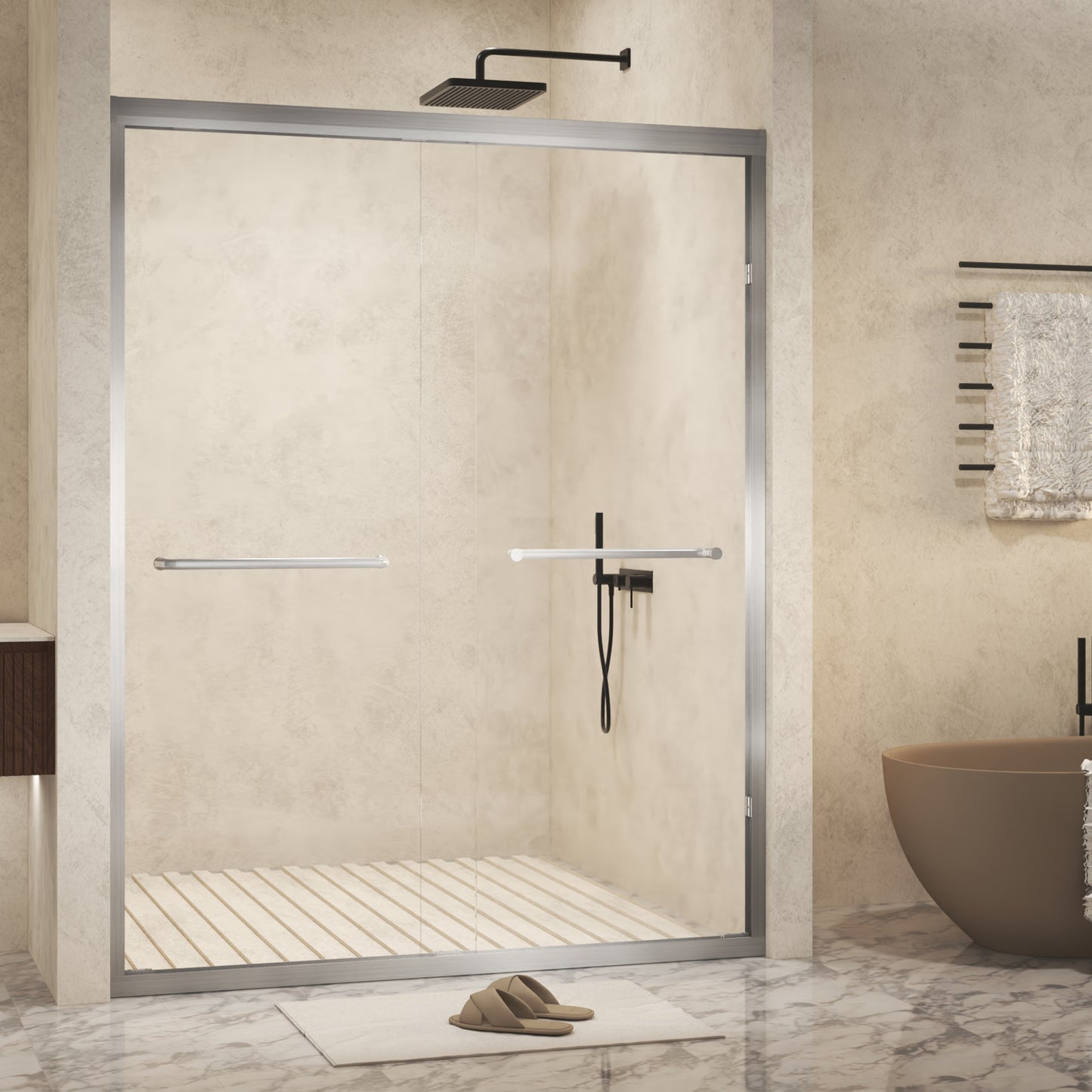 PAPROOS 44"-48" W x 72" H Framed Double Sliding Shower Door, Modern Tub Door with 1/4” (6 mm) Clear Tempered Glass, Bathtub Door with Stainless Steel Handle, SGCC Certified, Brushed Nickel