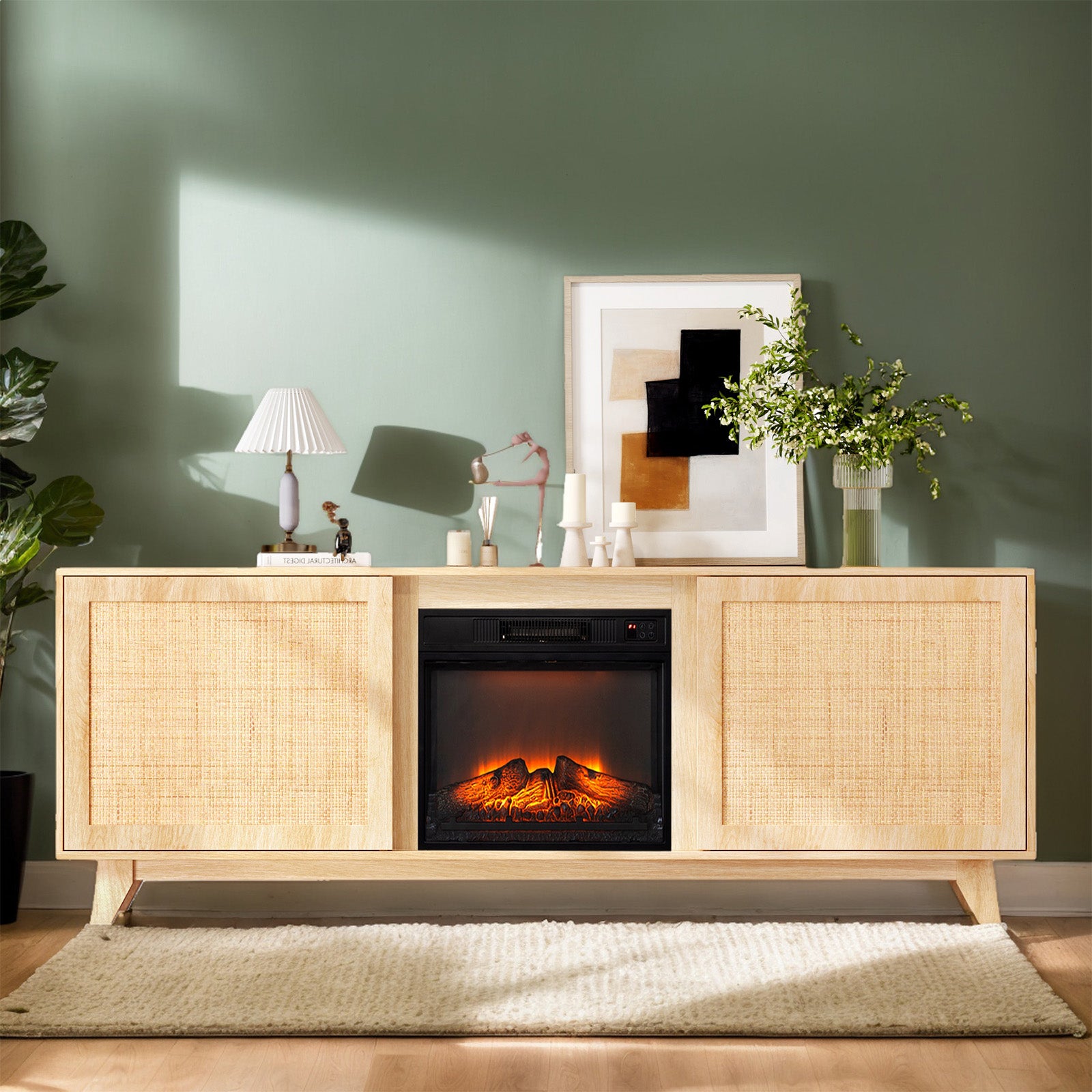 PAPROOS Fireplace TV Stand for TVs up to 70", Farmhouse TV Console with 26" Electric Fireplace, Entertainment Center with Sliding Barn Doors & Storage Cabinets & Adjustable Shelves, Weathered Wood