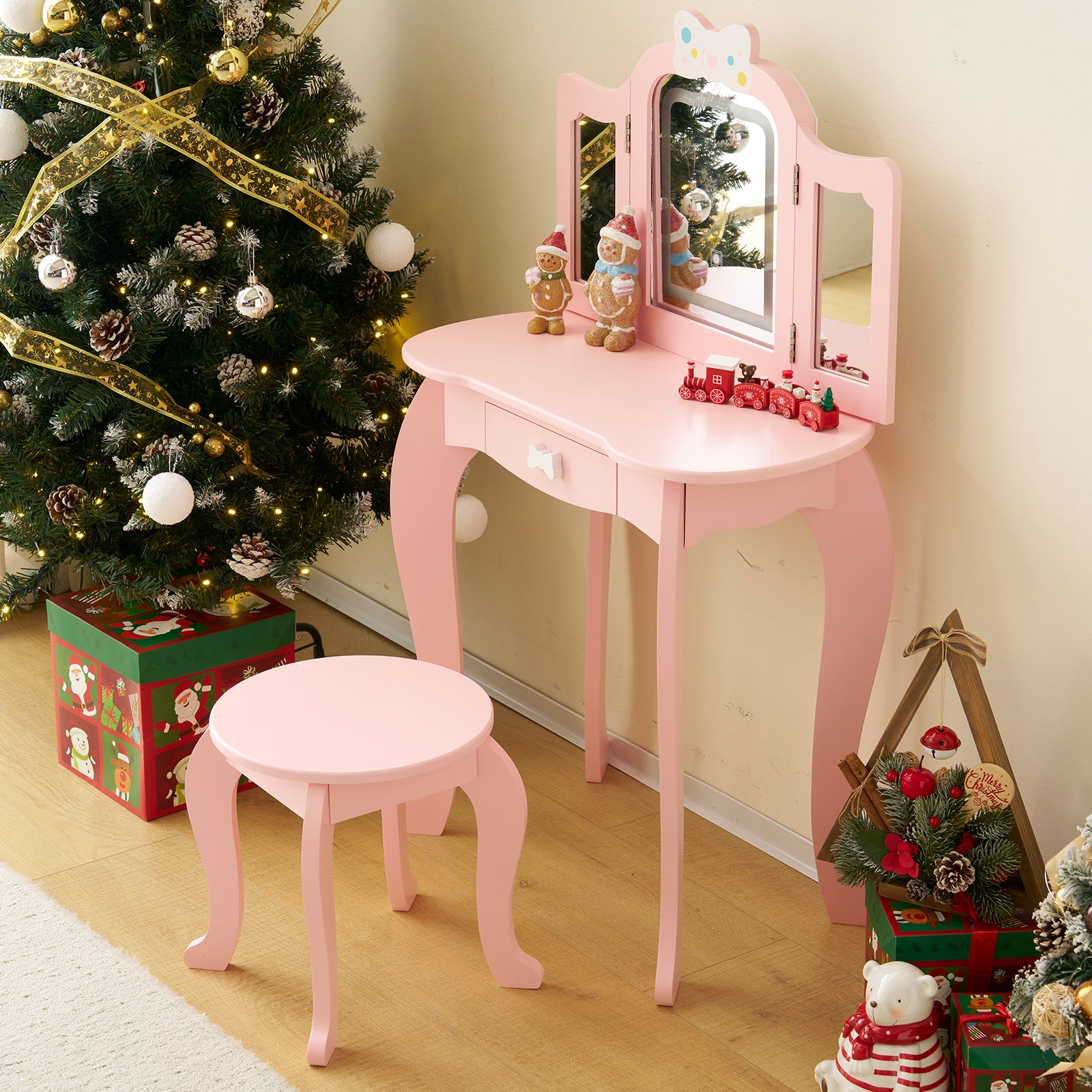 PAPROOS Kids Vanity Set with Mirror and Lights, Wood 2-in-1 Girls Vanity with Drawer, Princess Toddler Dressing Table, Pretend Play Kids Makeup Vanity Table and Chair for Little Girls Aged 3+, White
