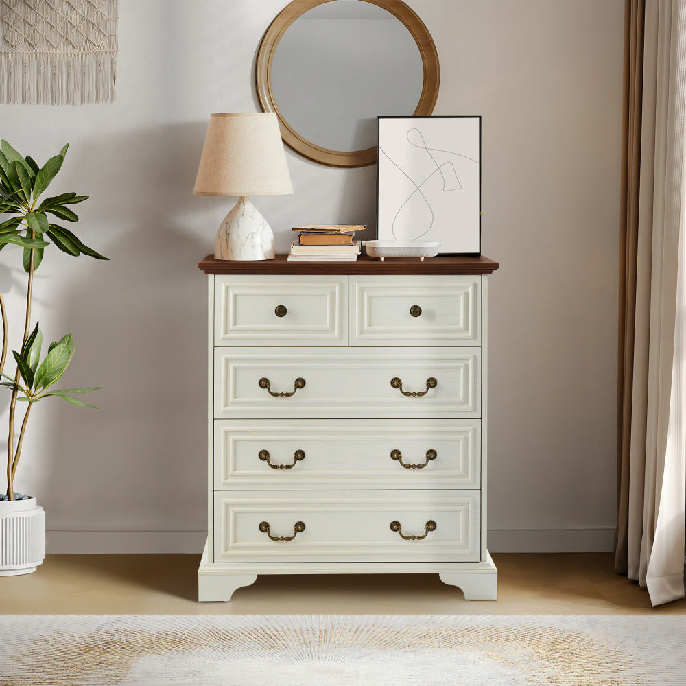 PAPROOS 5 Drawer Dresser for Bedroom, 5 Drawers Cabinet, Chest of Drawers for Bedroom, Storage Cabinet Nightstand Dresser Organizer with Vintage Design, Closet