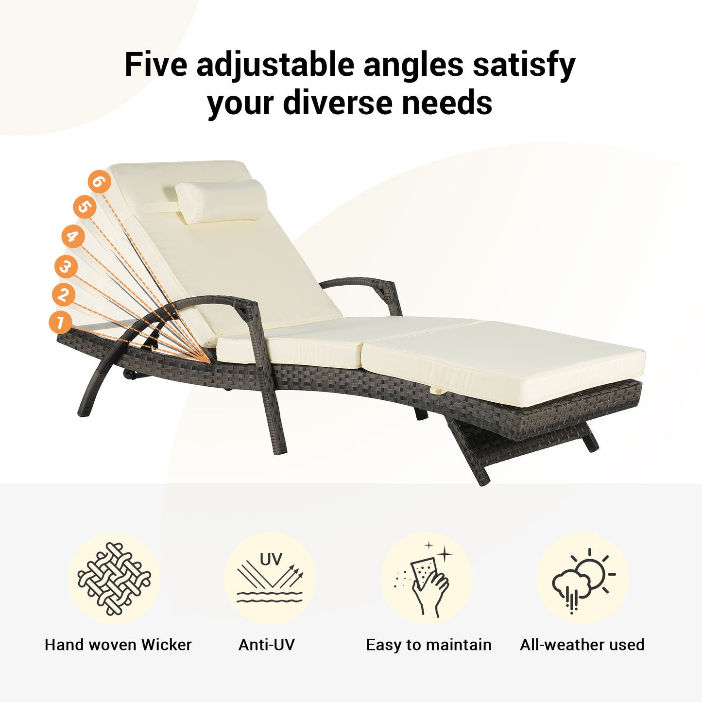Outdoor Chaise Lounge Chair Set of 2, Rattan Patio Chaise Lounge Chair with Cushion and Arms, Modern 5-Positions Adjustable Outdoor Lounger Recliner for Poolside, Garden, Backyard, Light Gray