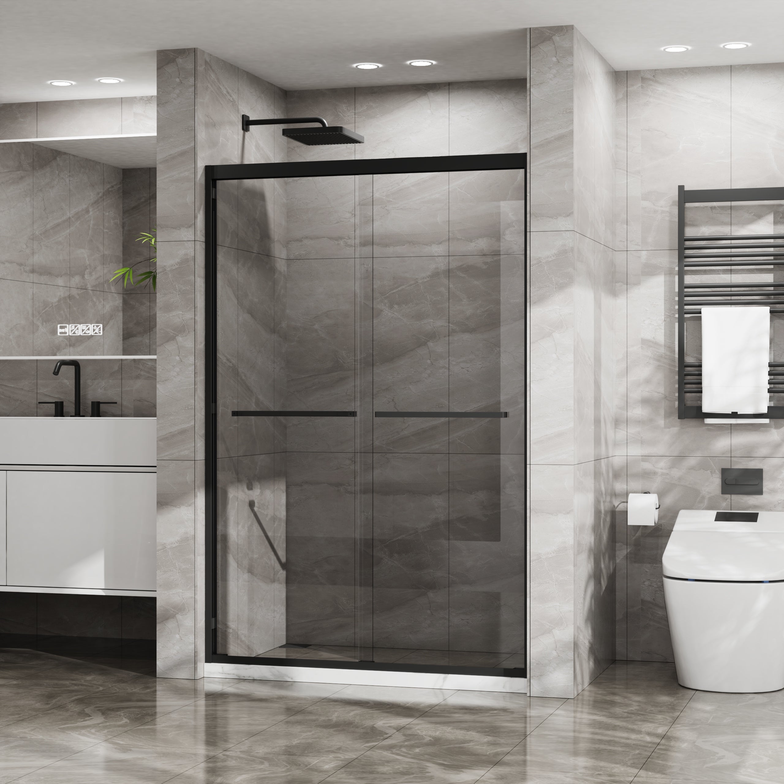 PAPROOS 56” - 60” W X 58” H Sliding Shower Door, 1/4" (6mm) Clear Tempered Glass Double Bathtub Door, Aluminum Frame, Modern Tub Door with Stainless Steel Handle, SGCC Certified, Matte Black