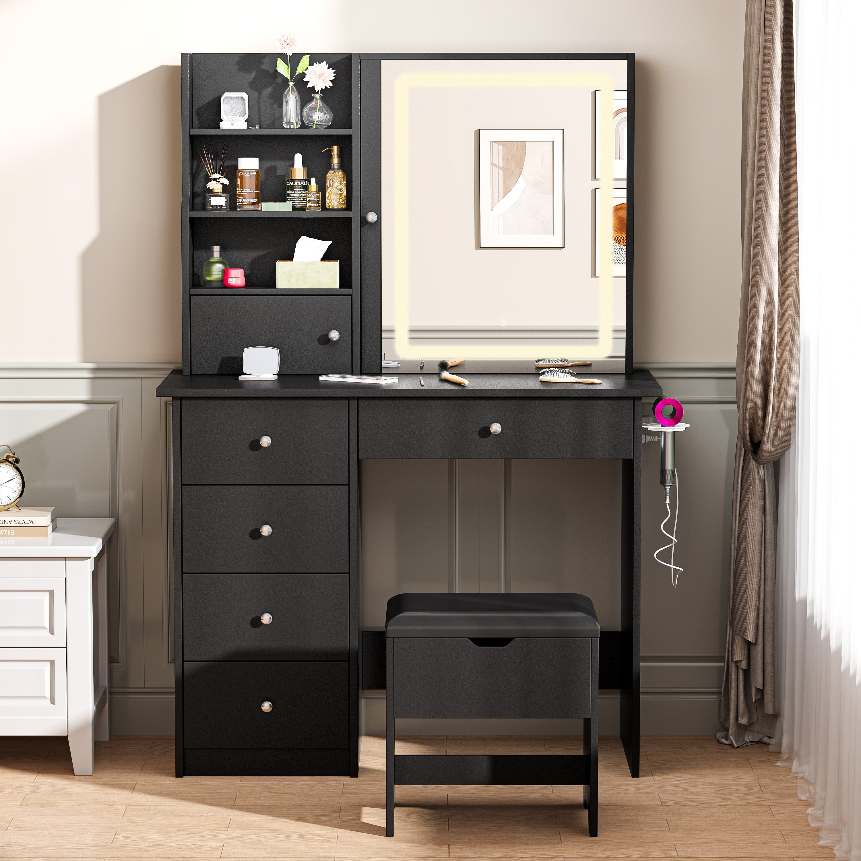 Paproos Vanity Set with Mirror and Stool, Wood Women Girls Makeup Vanity Desk with Charging Station, 3 Color LED Lights, Modern Dressing Table with Drawers, Storage Shelves, Hair Dryer Rack, White