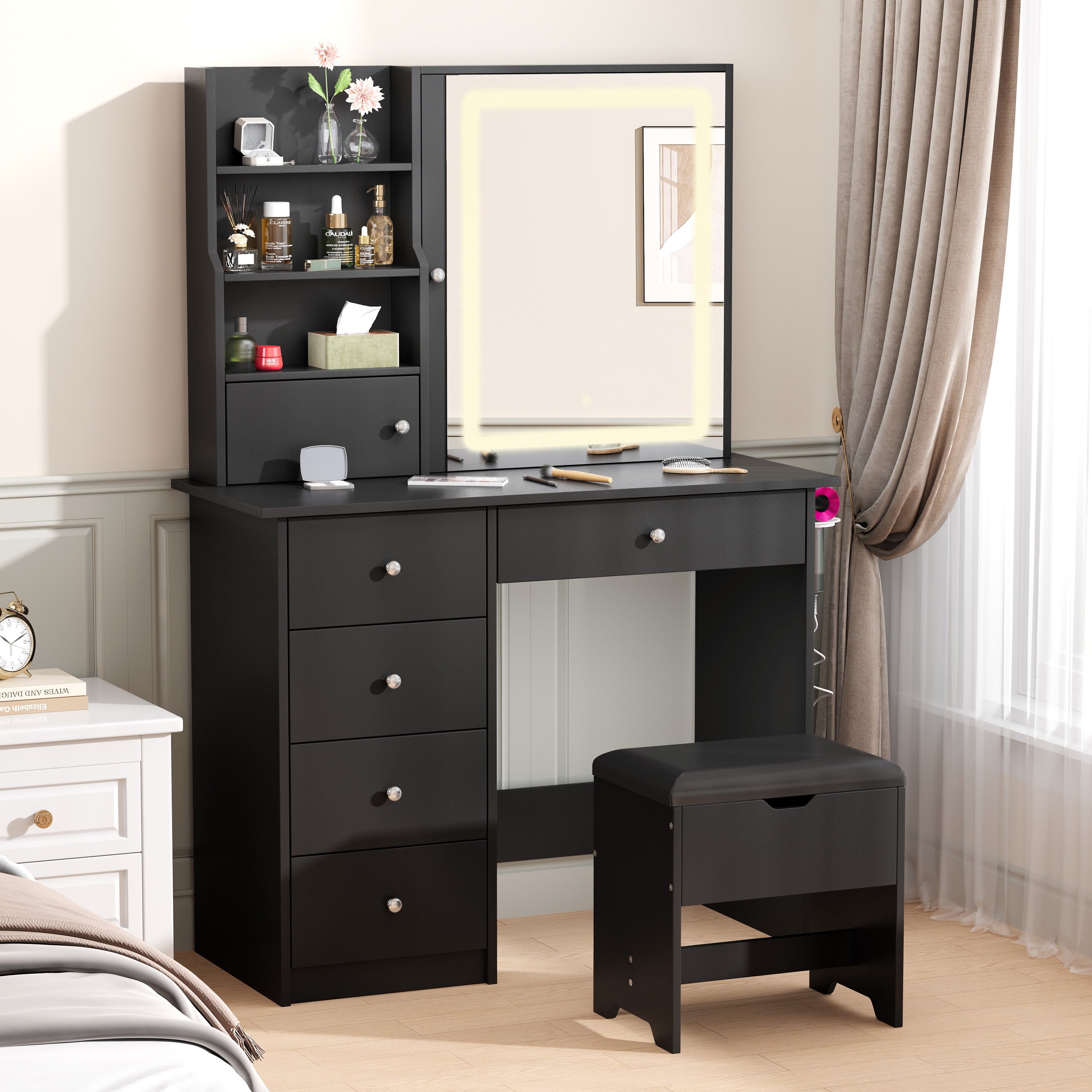 Paproos Vanity Set with Mirror and Stool, Wood Women Girls Makeup Vanity Desk with Charging Station, 3 Color LED Lights, Modern Dressing Table with Drawers, Storage Shelves, Hair Dryer Rack, White