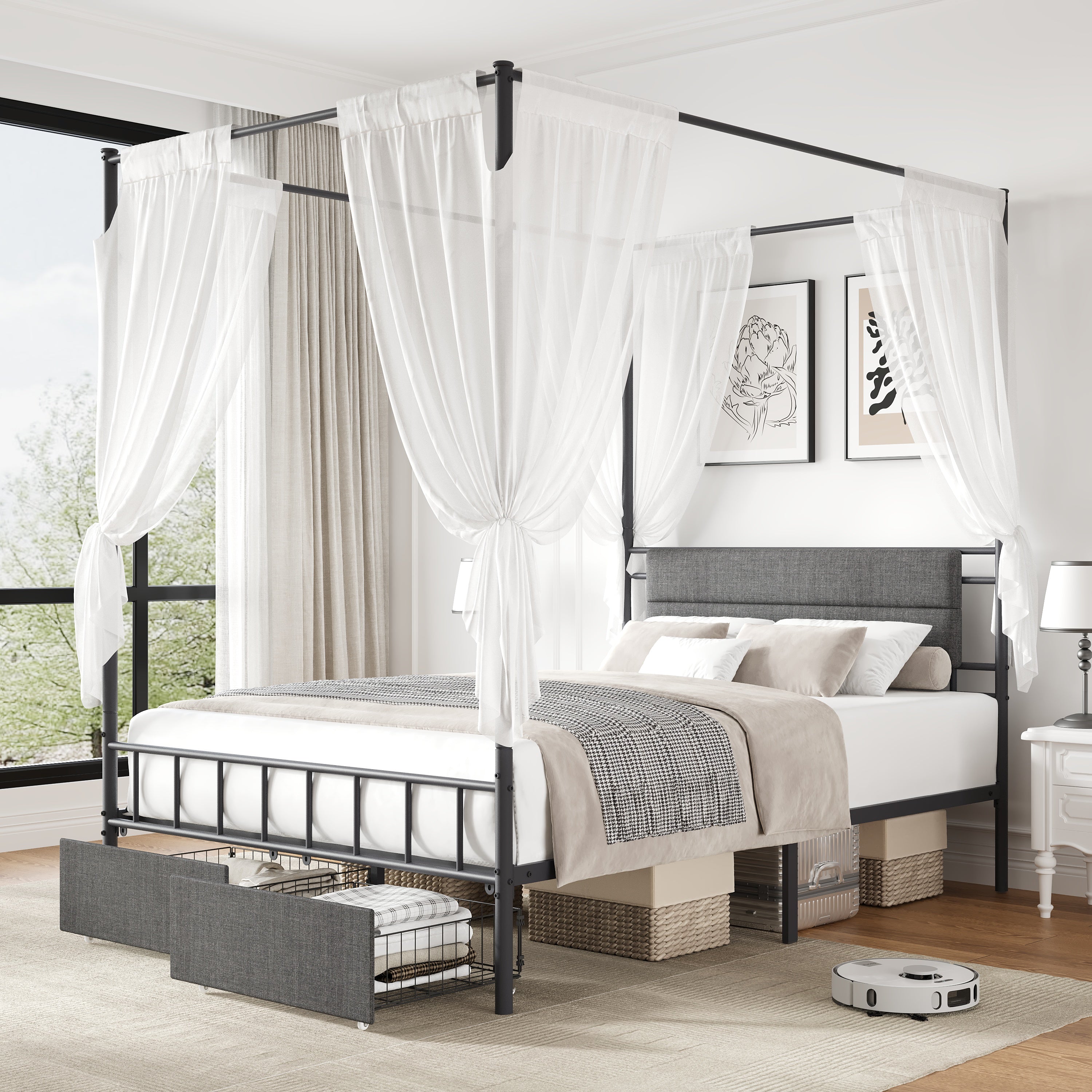 PAPROOS Full Size Canopy Bed Frame, Upholstered Bed Frame with Metal Slats, Metal Platform Bed with 2 Storage Drawers, No Box Spring Needed
