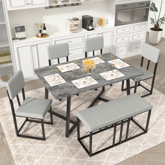 6 Piece Dining Room Table Set, Dining Table Sets for 6 with Chairs and Bench, Large Dinning Table and Chairs 4to6Set, Modern Kitchen Table Sets with Chairs for 6, Gray Table and Gray Chairs Set