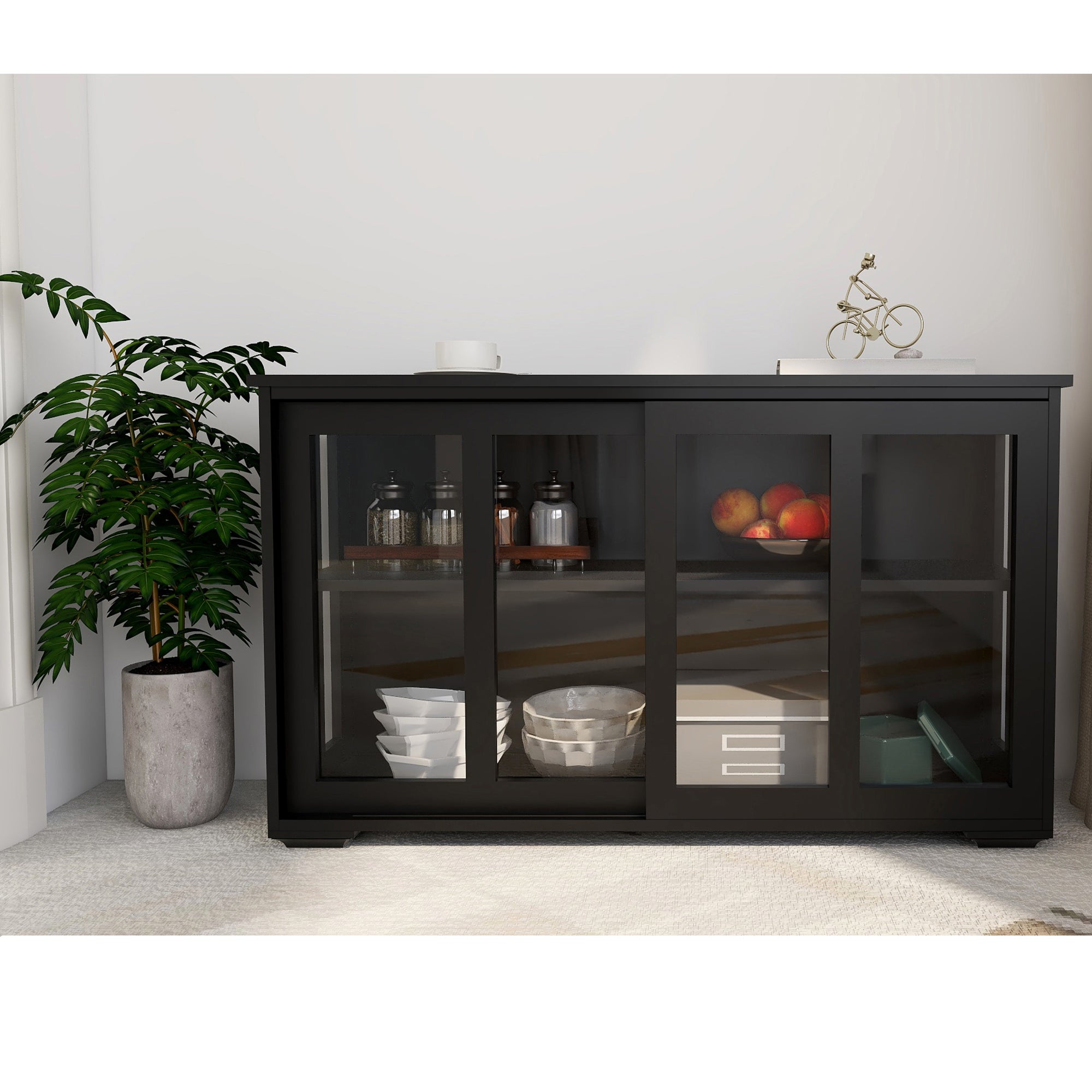 Paproos Kitchen Storage Cabinet, Wood Sideboard Buffet Cabinet with Sliding Glass Door & Adjustable Shelf, Modern Kitchen Storage Cupboard for Living Room, Hallway, White